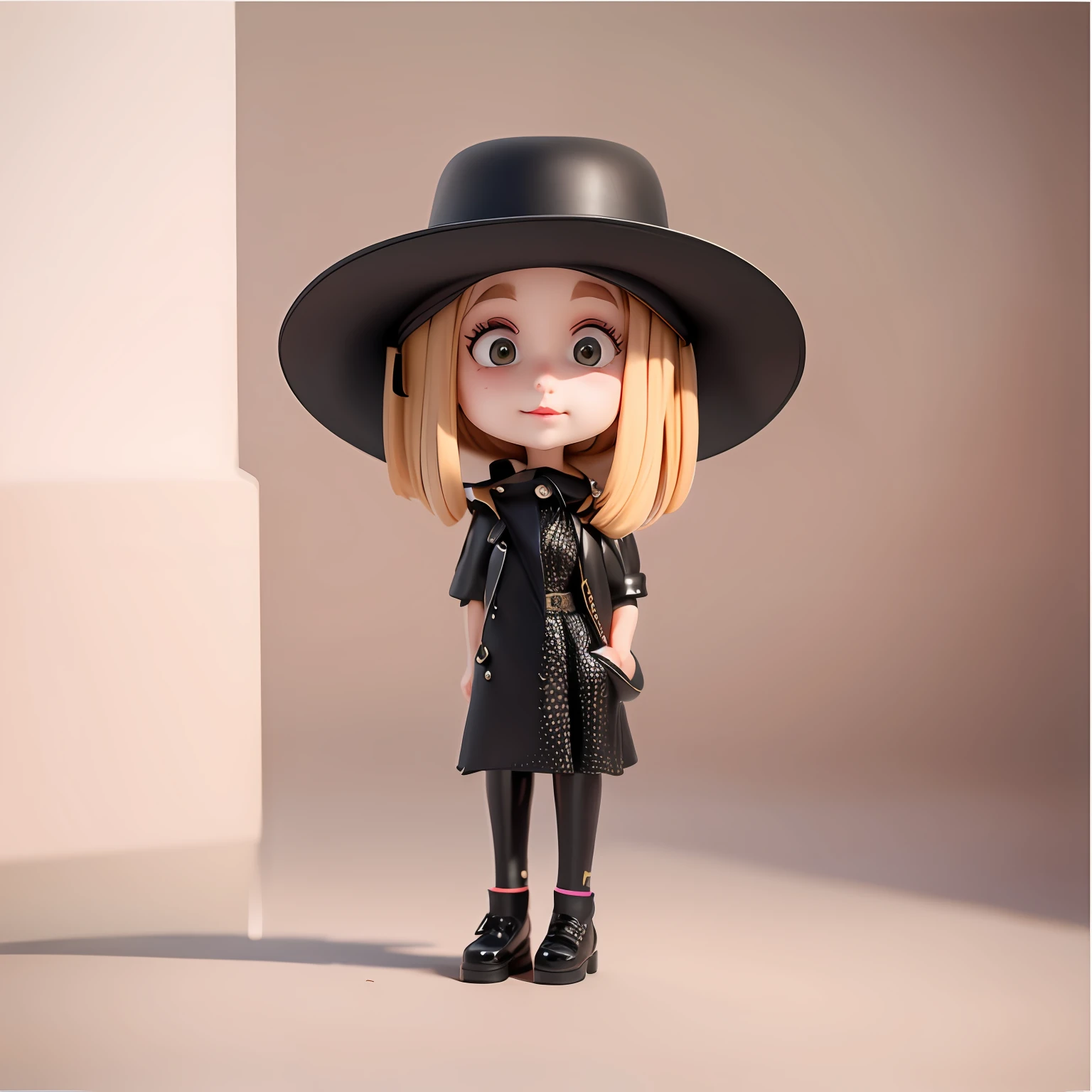 Young girls,Fashionab,Black hat,a black trench coat