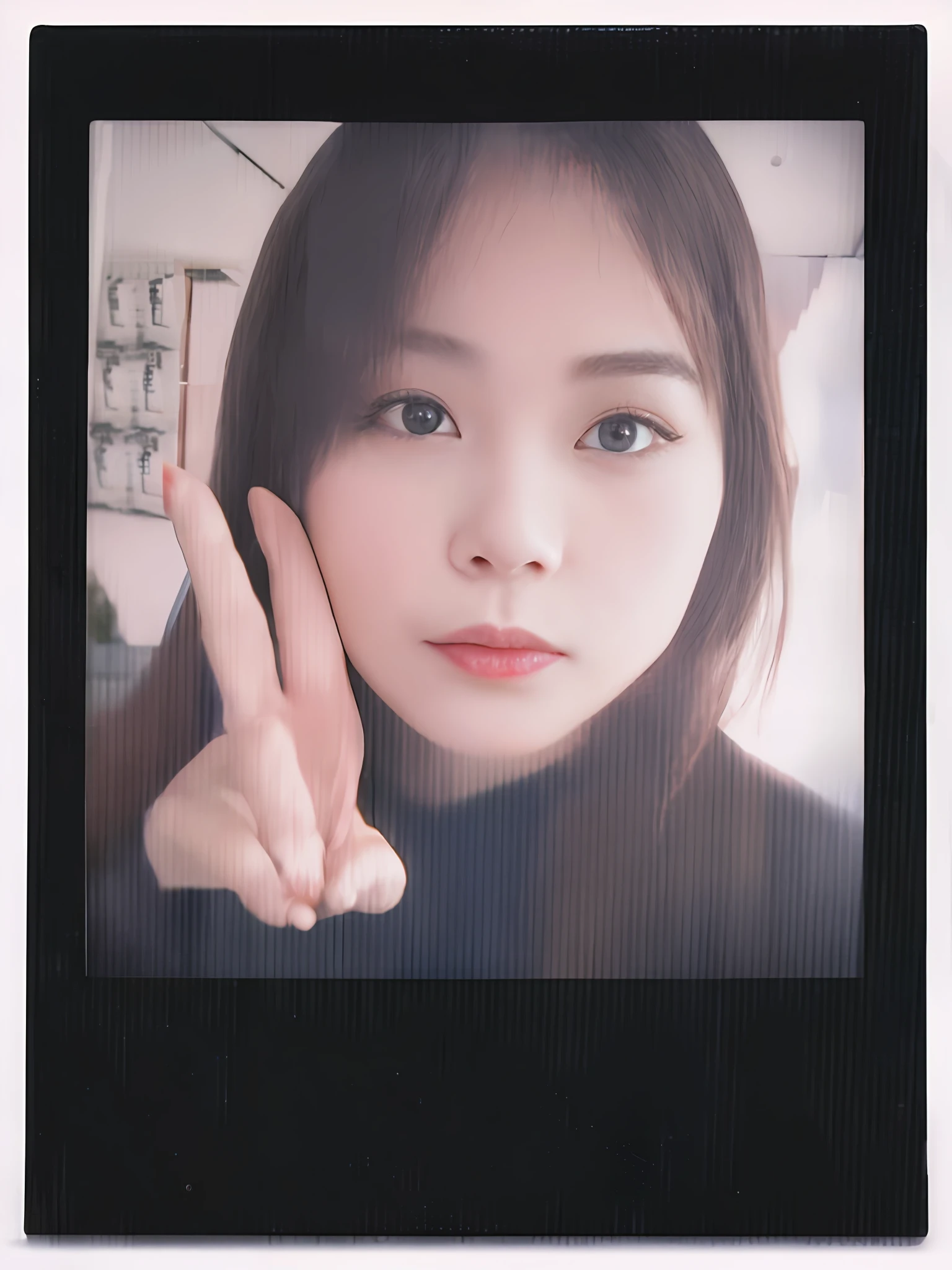 There was a woman holding a peace sign in front of her face, low quality instant camera photo, 8k selfie photograph, polaroid photograph, face with artgram, Instant photography, Close-up portrait of Polaroid, enhanced quality polaroid photo, polaroid photograph, selfie of a young woman, polaroid picture, portrait of female korean idol, flash polaroid photo, Photo of Polaroid with flash