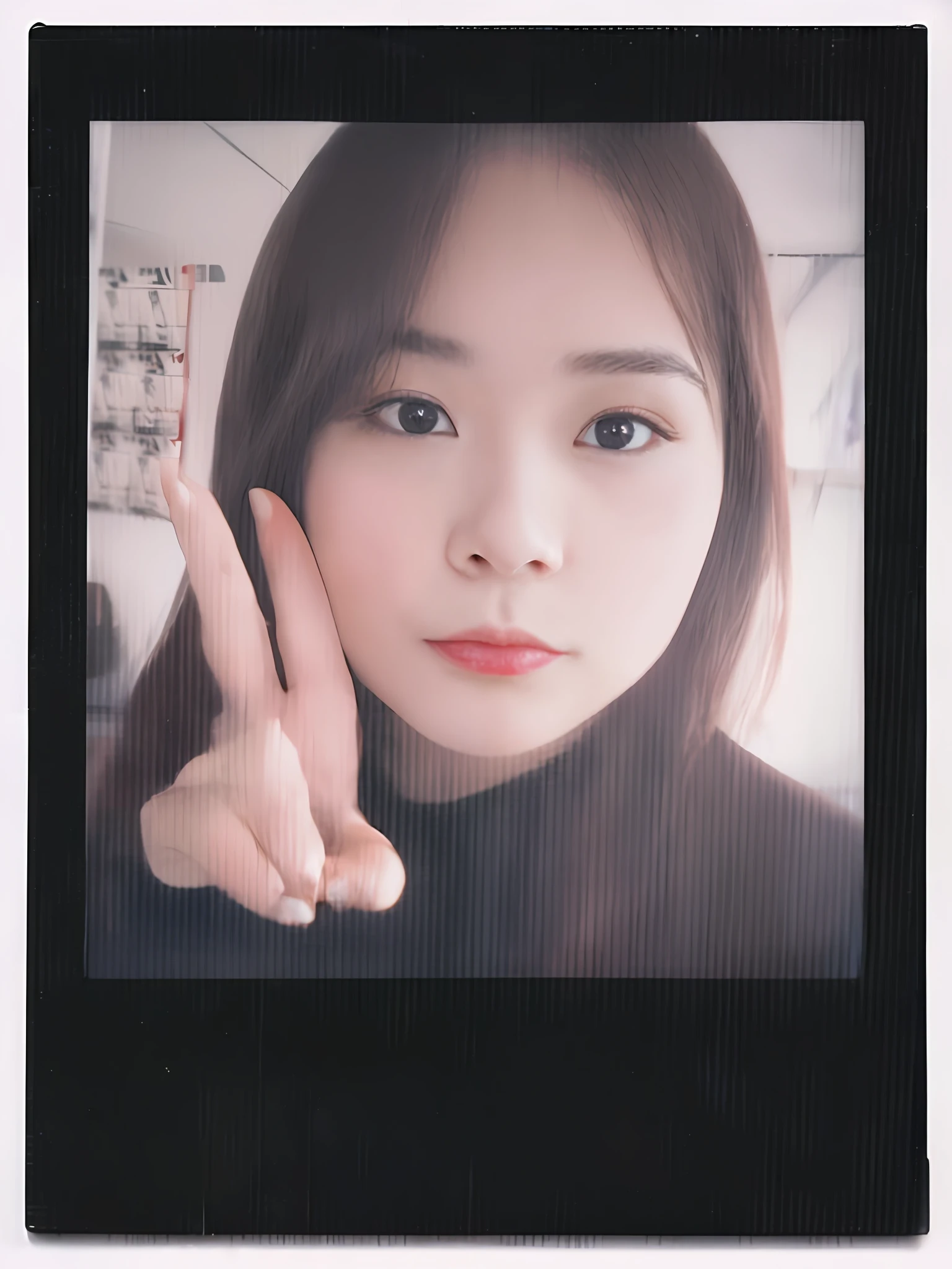 There was a woman holding a peace sign in front of her face, low quality instant camera photo, 8k selfie photograph, polaroid photograph, face with artgram, Instant photography, Close-up portrait of Polaroid, enhanced quality polaroid photo, polaroid photograph, selfie of a young woman, polaroid picture, portrait of female korean idol, flash polaroid photo, Photo of Polaroid with flash