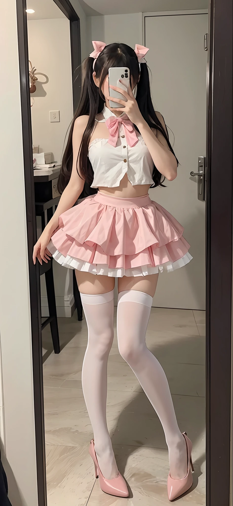 A woman takes a picture of herself in the mirror, Anime girl in real life, frilly outfit, pink tight mini-skirt, full body cute young lady, thighhighs and skirt, pink mini-skirt, Anime girl cosplay, Full body picture, Pink skirt, intriguing outfit, multilayered outfit, pretty face with arms and legs, whole body picture,black heels