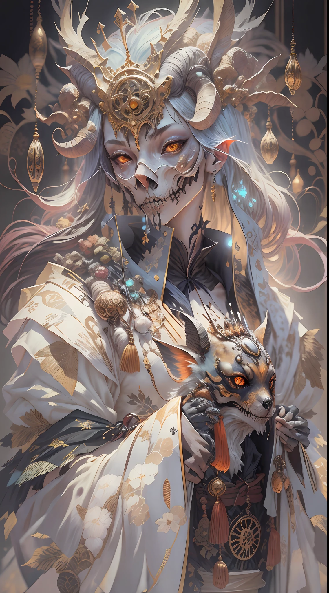 3D young and handsome((Male aristocracy))Close-up - portrait with a crown，Wear a ram skull。Beautiful and complex Japanese crow, Fox mask and breadcrumbs Japanese kimono。a betta fish， jellyfish pheonix， Bio-luminescence， Plasma， icey， Eau， ventania， organism， Wu Ya and WLOP and works by Bippel and Greg Rutkovsky, creature00d, (Amber theme:0.7), mtu, mathematician,