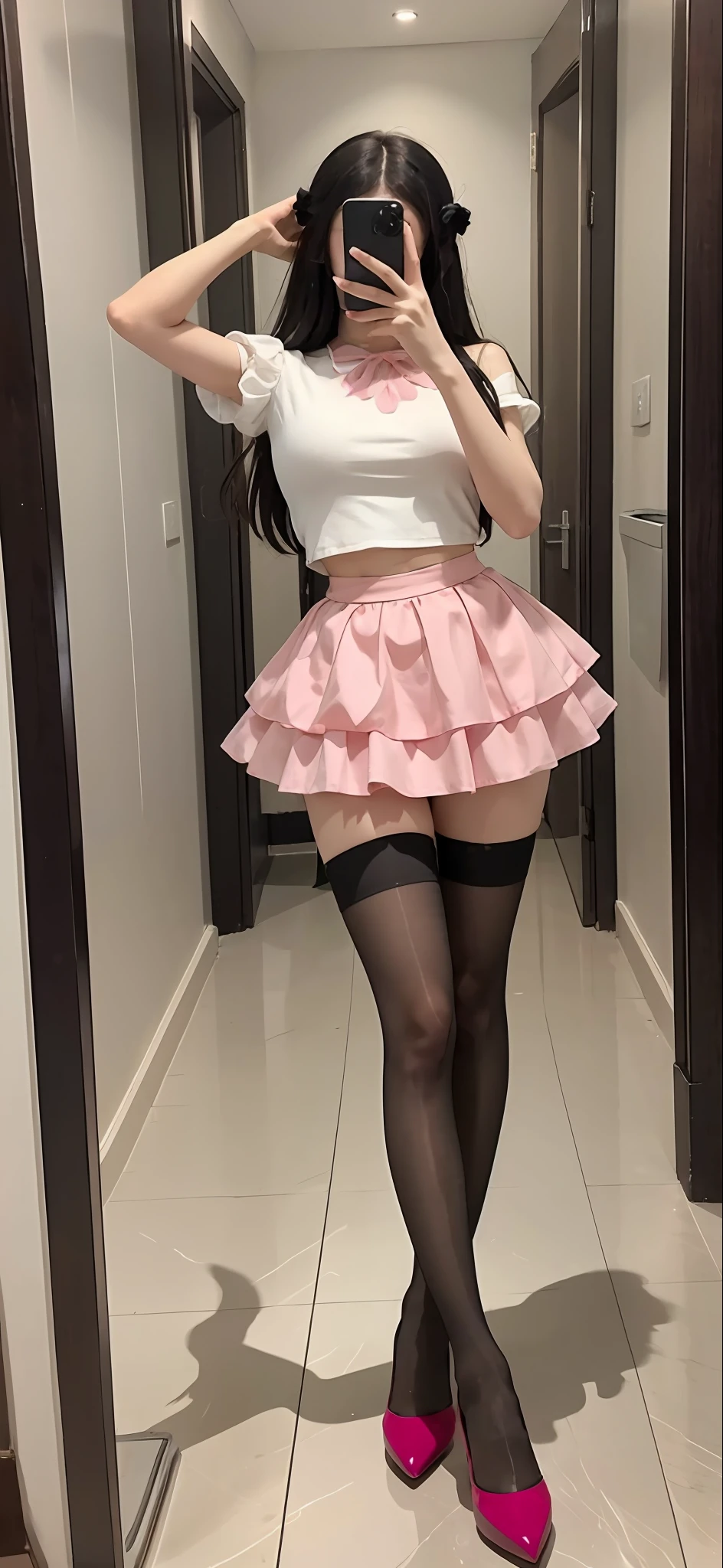 A woman takes a picture of herself in the mirror, Anime girl in real life, frilly outfit, pink tight mini-skirt, full body cute young lady, thighhighs and skirt, pink mini-skirt, Anime girl cosplay, Full body picture, Pink skirt, intriguing outfit, multilayered outfit, pretty face with arms and legs, whole body picture，black heels
