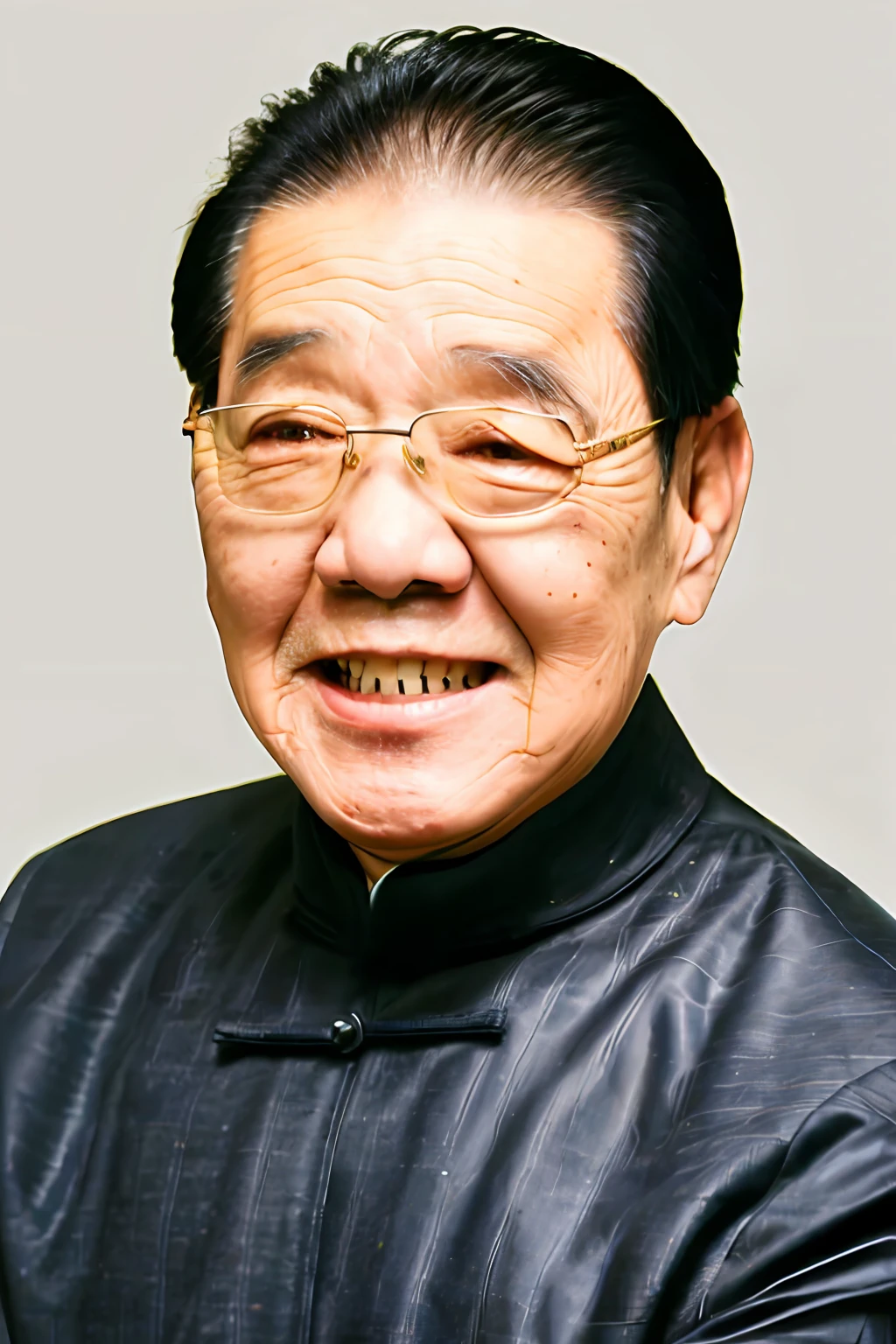 best quality, masterpiece,  Asian men,mole, solo, lips, grey_background, mole_under_eye, realistic, upper_body, looking_at_viewer, black_hair, brown_eyes, sweater, forehead, nose, turtleneck, old man, 65 yeas old,