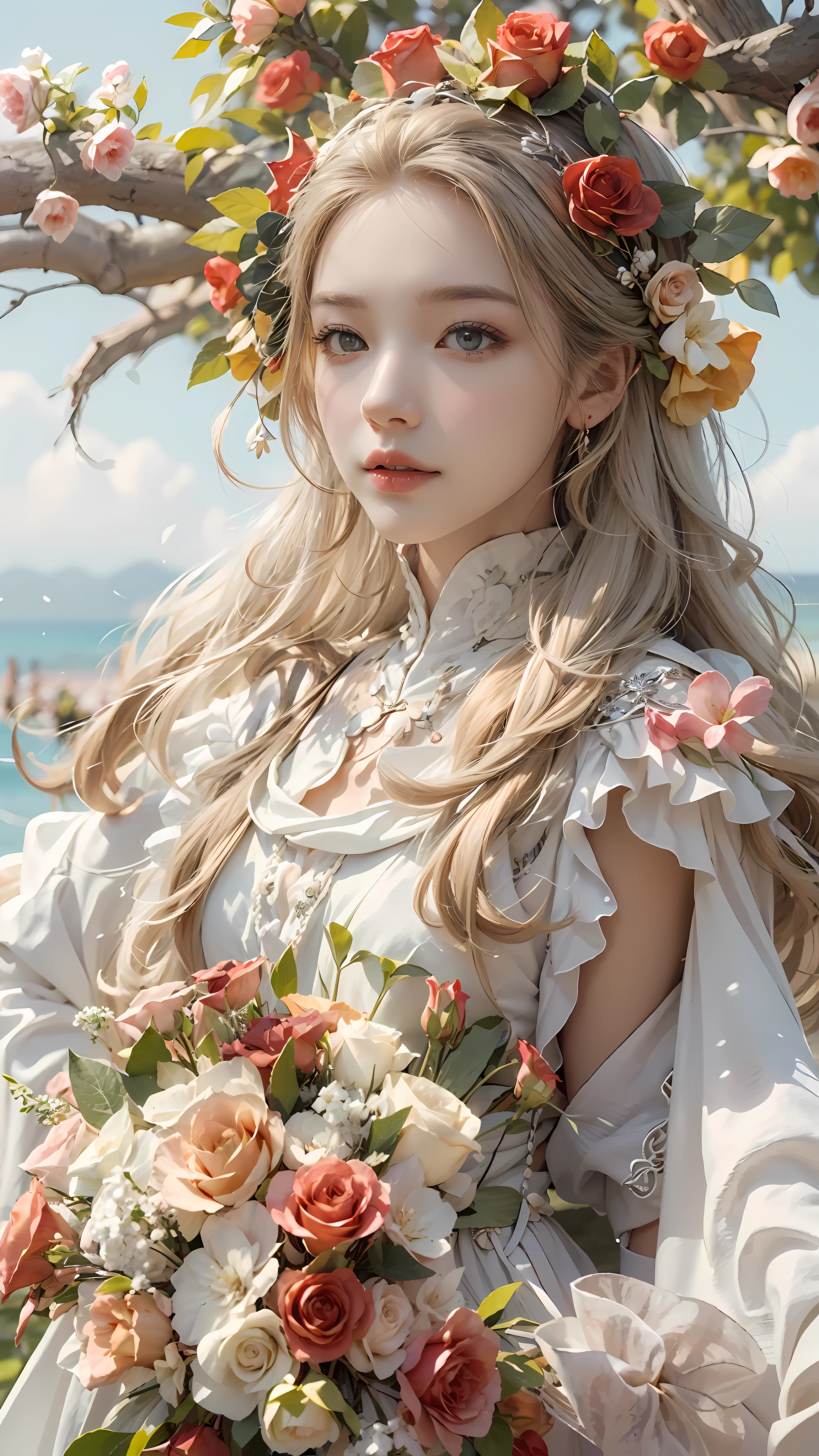 Exquisite scenes,depth of fields,8K,The ivory sky,White clouds,The sun shines on the snow-white sand。The coral sea,There are many small colorful shells on the beach,Red rose,Rose flower,tmasterpiece,k hd,Detailed details,Beauty defines the role of the body in detail,ssmile,Exquisite facial features,s the perfect face,White skin of the,long whitr hair,The background is a dragon,The hair is orange,Dressed in white,The clothes were tightly wrapped,long trousers,Cloak,Animal headdress