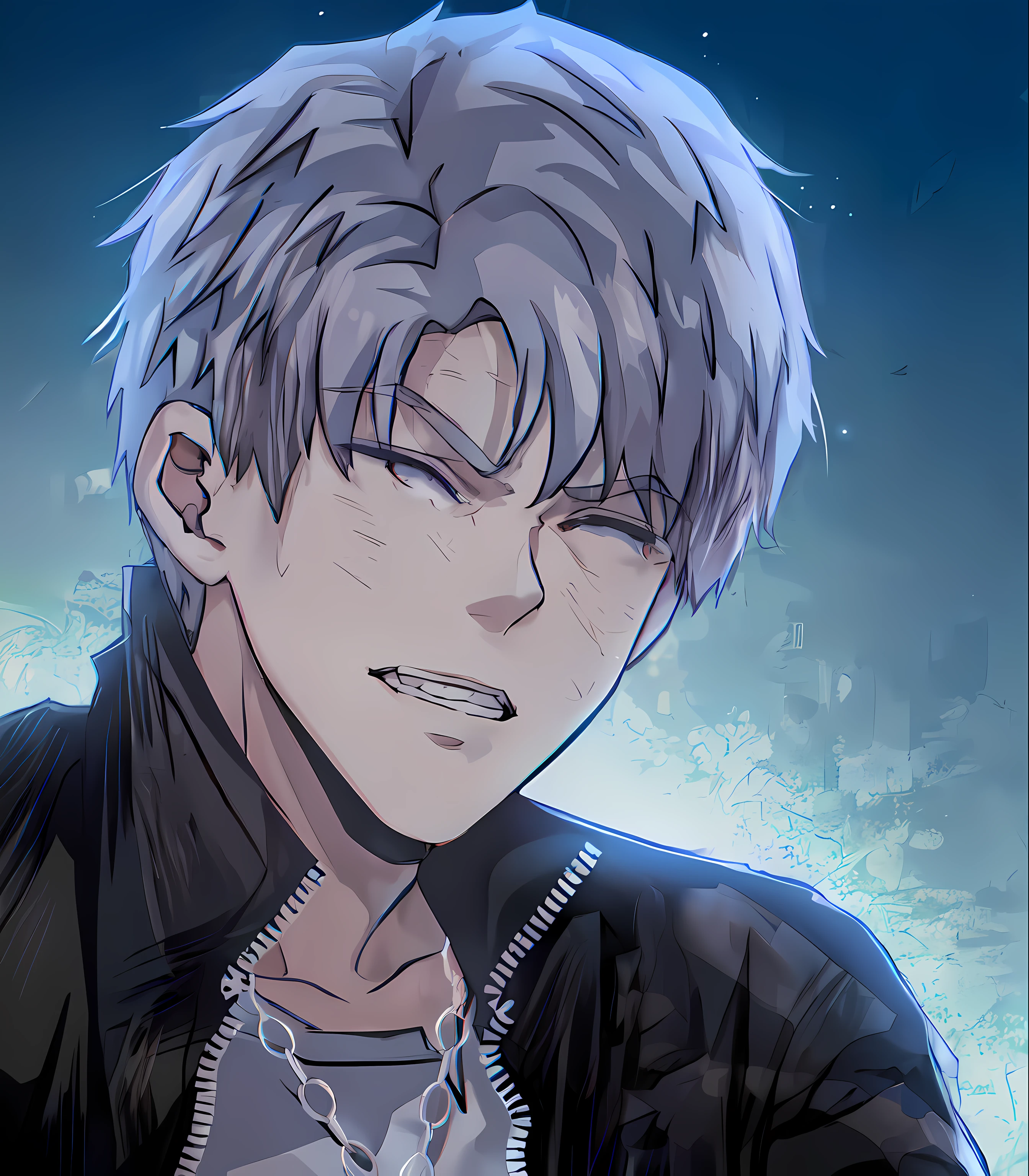 Anime man looking at camera with white hair and black jacket, he has dark grey hairs, giga chad crying, kaneki ken, inspired by Gigadō Ashiyuki, roguish smirk, trigger anime artstyle, Anime handsome man, made with anime painter studio, Anime portrait of a handsome man, A slight smil, looking smug