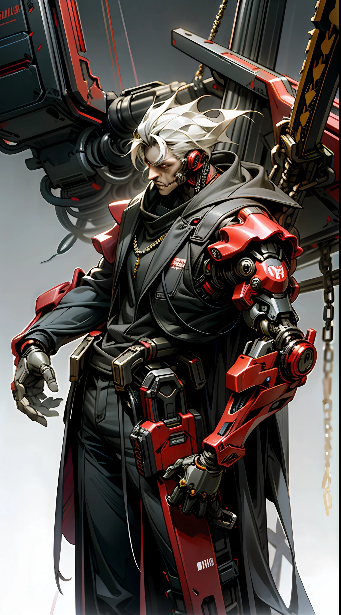 Dark_Fantasy,Cyberpunk,(chain saw,chain saw man,Red:1.1),1man,Mechanical marvel,Robotic presence,Cybernetic guardian,