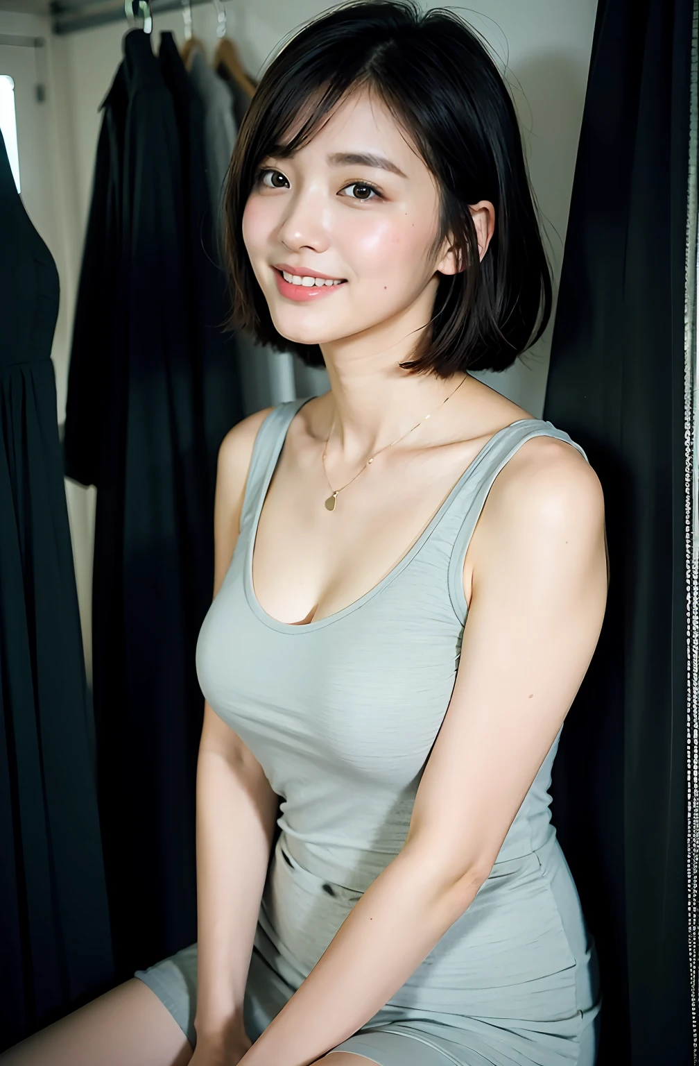 ((8K:1.27)、top-quality、masterpiece、超A high resolution:1.2)Photo beautiful Chinese woman(pleasing:1.1) (The shirt:1.21) Elegance、There is a good、Gradient lighting、1girl in、Delicate skin、Look here、Brown-eyed、(short hair with bangs:1.2)、(breasts are large:1.0)、(medium areola:0.8)、(realisitic:1.4)、(top-quality:1.0)、(超A high resolution:1.0)、8K、Underwear section、dress room、to stand、erect through、department store、Raw photography、(masterpiece:0.2)、(pureerosface_v1:0.5)、 Black clothe、see -through、pleatedskirt、Sleeveless、a necklace、Kamimei、date、excited expressions、Red cheeks、want me、Staring at this、subject、Lean、Firm cheeks、Look here、Laugh、Futomo、sandal、Beautiful thighs、Kinda chubby、Beautiful thighs、Angle from the front、Composition looking up from slightly below.、