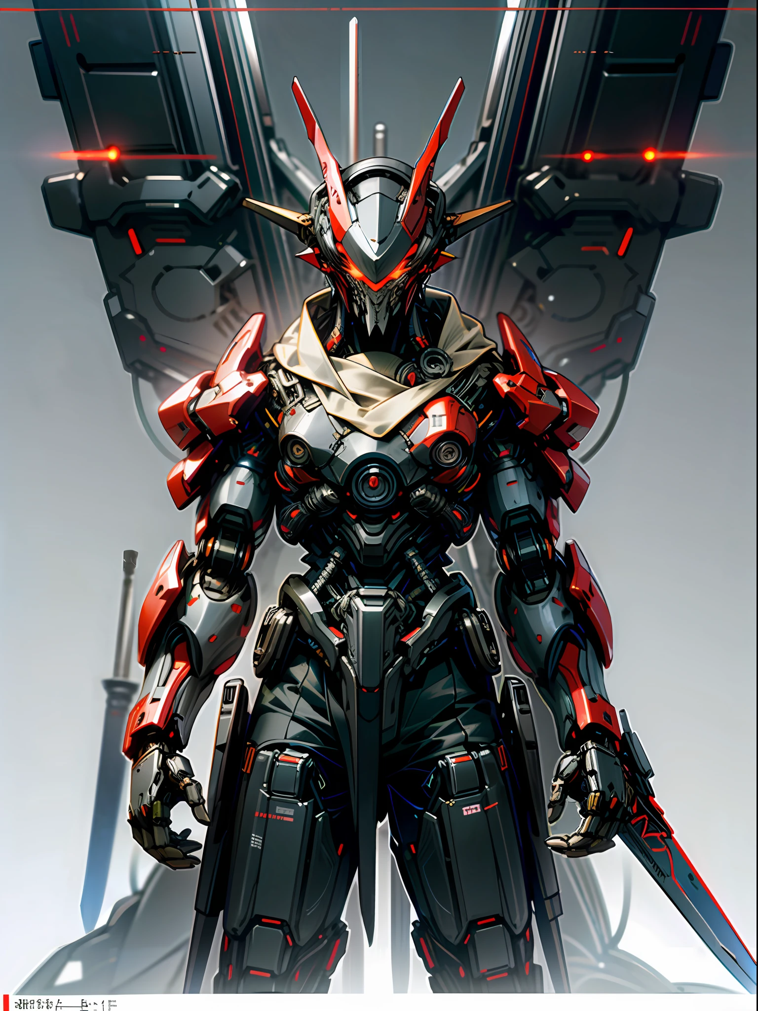 Raw foto,Dark_Fantasy, Cyberpunk, (Big Revolver, Sword Man, Red: 1.1), 1man, Mechanical Wonder, Robotic Presence, Cybernetic Guardian,