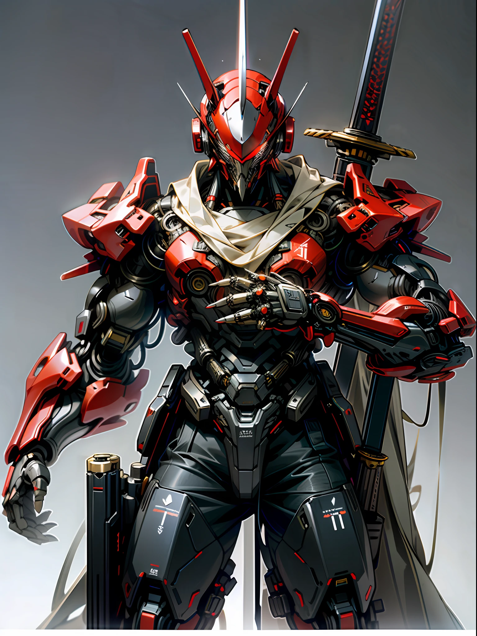 Raw foto,Dark_Fantasy, Cyberpunk, (Big Revolver, Sword Man, Red: 1.1), 1man, Mechanical Wonder, Robotic Presence, Cybernetic Guardian,