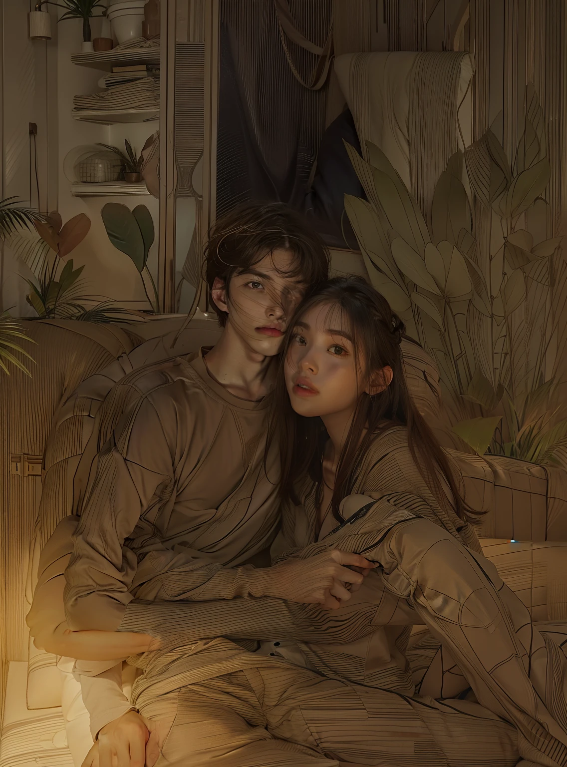 A couple sitting on the sofa. The boy's middle trousers are exposed, the girl's hands are on the man's legs, and the boy's left hand is touching the girl's head.