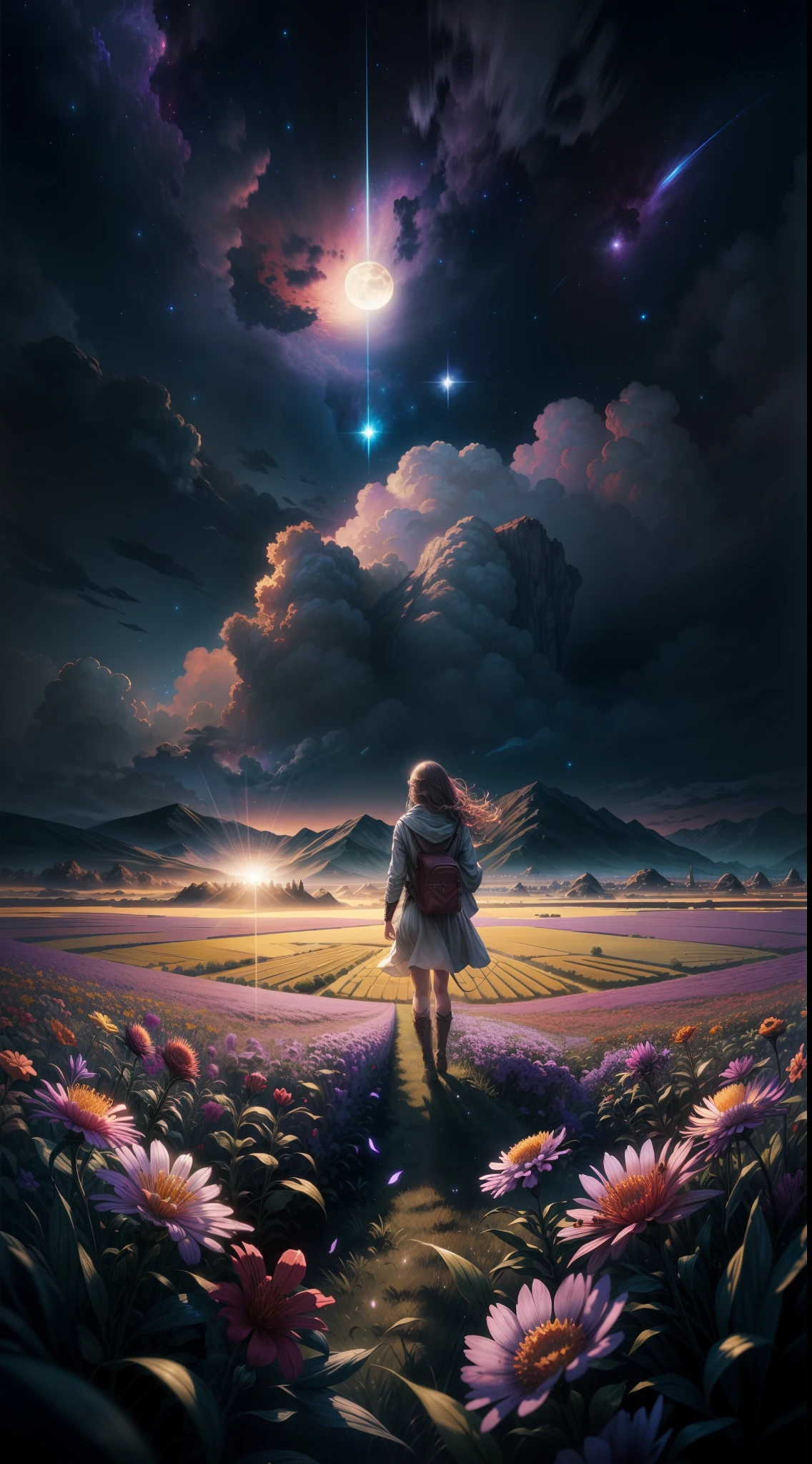 expansive landscape photograph , (a view from below that shows sky above and open field below), a girl standing on flower field looking up, (full moon:1.2), ( shooting stars:0.9), (nebula:1.3), distant mountain, tree BREAK
production art, (warm light source:1.2), (Firefly:1.2), lamp, lot of purple and orange, intricate details, volumetric lighting BREAK
(masterpiece:1.2), (best quality), 4k, ultra-detailed, (dynamic composition:1.4), highly detailed, colorful details,( iridescent colors:1.2), (glowing lighting, atmospheric lighting), dreamy, magical, (solo:1.2)