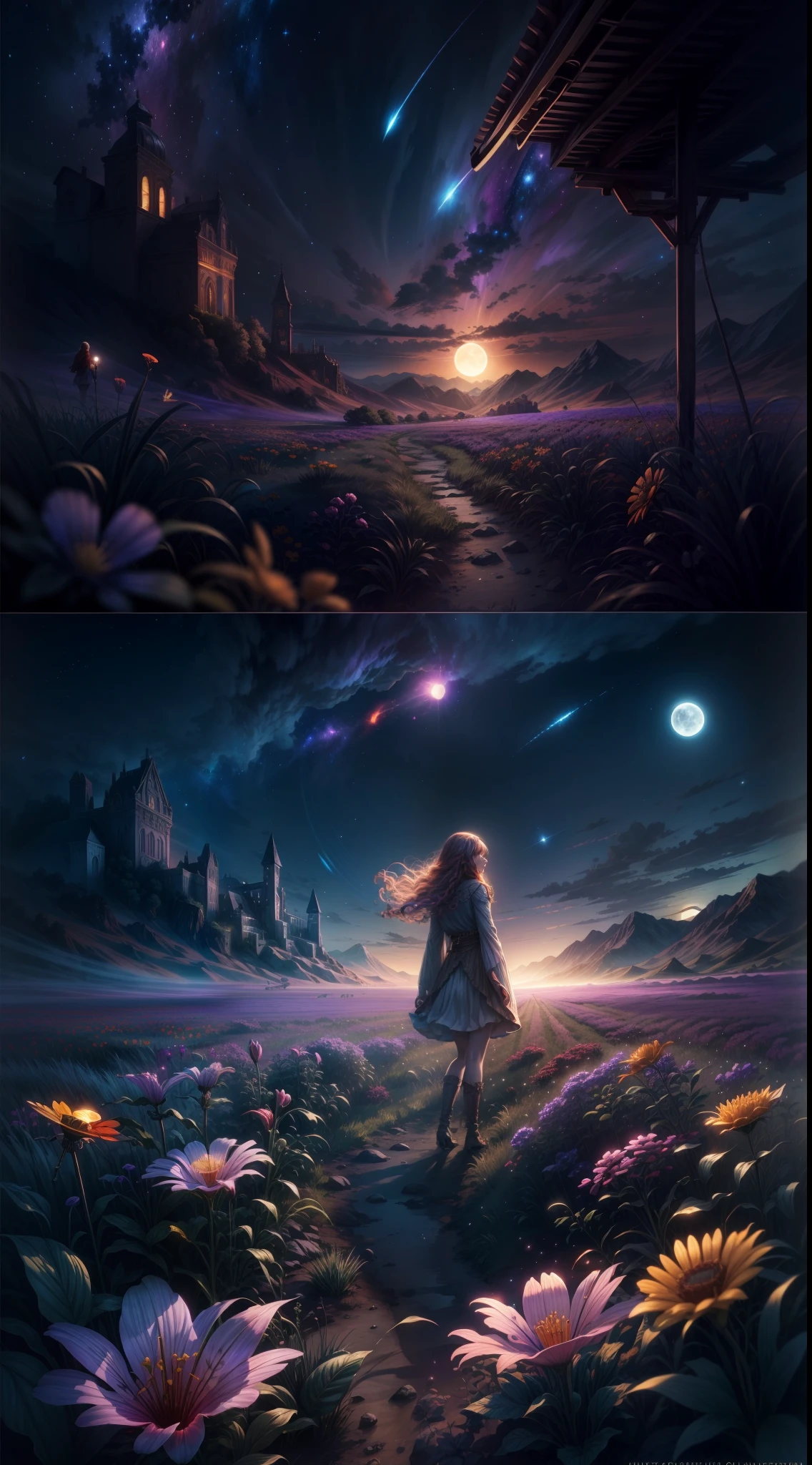 expansive landscape photograph , (a view from below that shows sky above and open field below), a girl standing on flower field looking up, (full moon:1.2), ( shooting stars:0.9), (nebula:1.3), distant mountain, tree BREAK
production art, (warm light source:1.2), (Firefly:1.2), lamp, lot of purple and orange, intricate details, volumetric lighting BREAK
(masterpiece:1.2), (best quality), 4k, ultra-detailed, (dynamic composition:1.4), highly detailed, colorful details,( iridescent colors:1.2), (glowing lighting, atmospheric lighting), dreamy, magical, (solo:1.2)