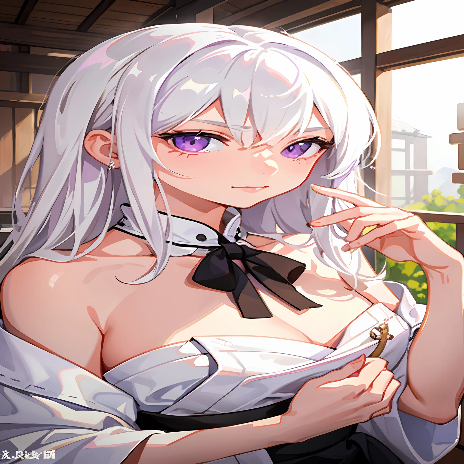 1girll, White hair and purple eyes, Painting of portrait subjects, Presented in a realistic style, Towels with excellent details, (hot onsen)Scenes, Side light effect, high-quality wallpaper, Not suitable for work。