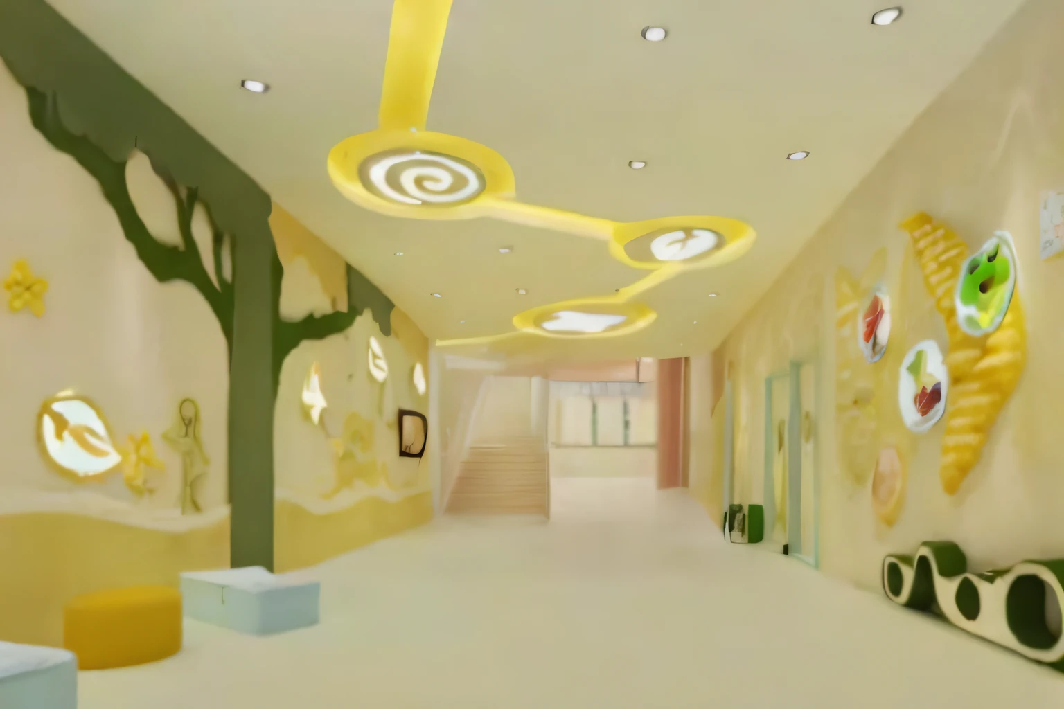 There is a long corridor,There are a lot of colorful decorations on the walls, rounded ceiling,suspended ceiling, magnificent design, Very bright design, walls with tone of yellow, warm and joyful atmosphere, open ceiling, Interior decoration, indoor background, school