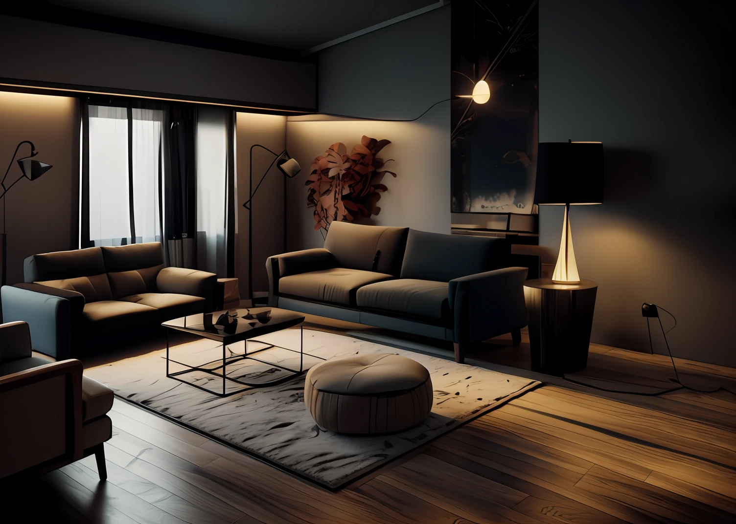 arafed living room with a couch, chair, table and lamp, cinematic mood lighting, wide view cinematic lighting, living room vibe, placed in a large living room, cinematic lighting + masterpiece, dimly lit interior room, rich cinematic atmosphere, neo - noir setting, apartment with black walls, moody cinematic atmosphere, cinematic atmospheric lighting, in a living room