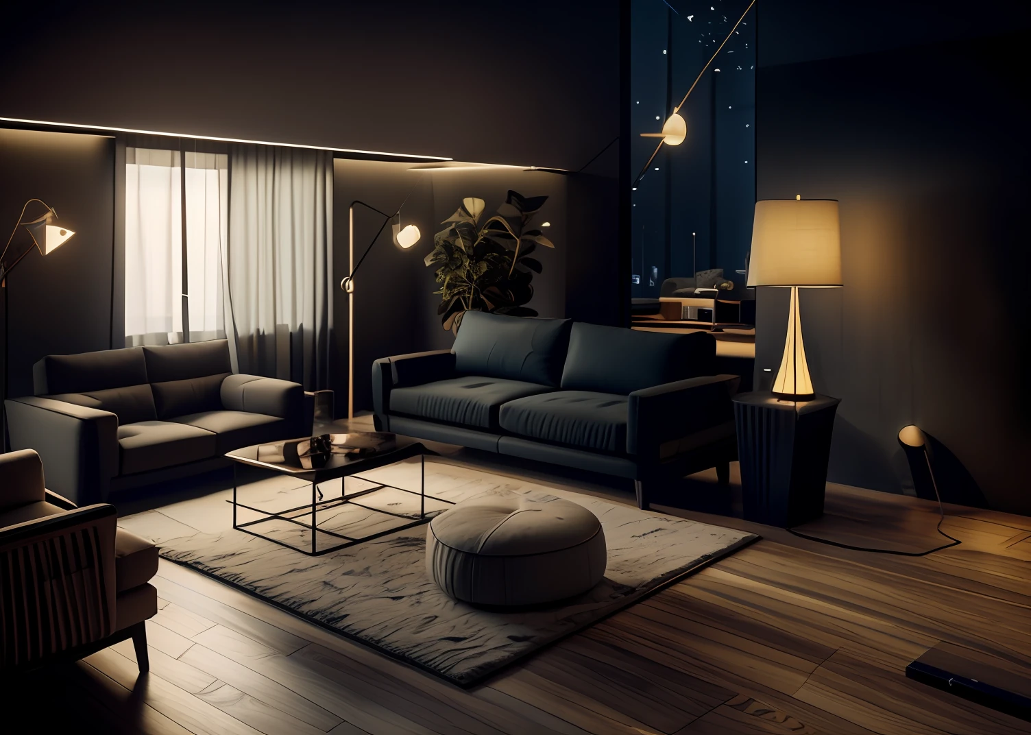 arafed living room with a couch, chair, table and lamp, cinematic mood lighting, wide view cinematic lighting, living room vibe, placed in a large living room, cinematic lighting + masterpiece, dimly lit interior room, rich cinematic atmosphere, neo - noir setting, apartment with black walls, moody cinematic atmosphere, cinematic atmospheric lighting, in a living room