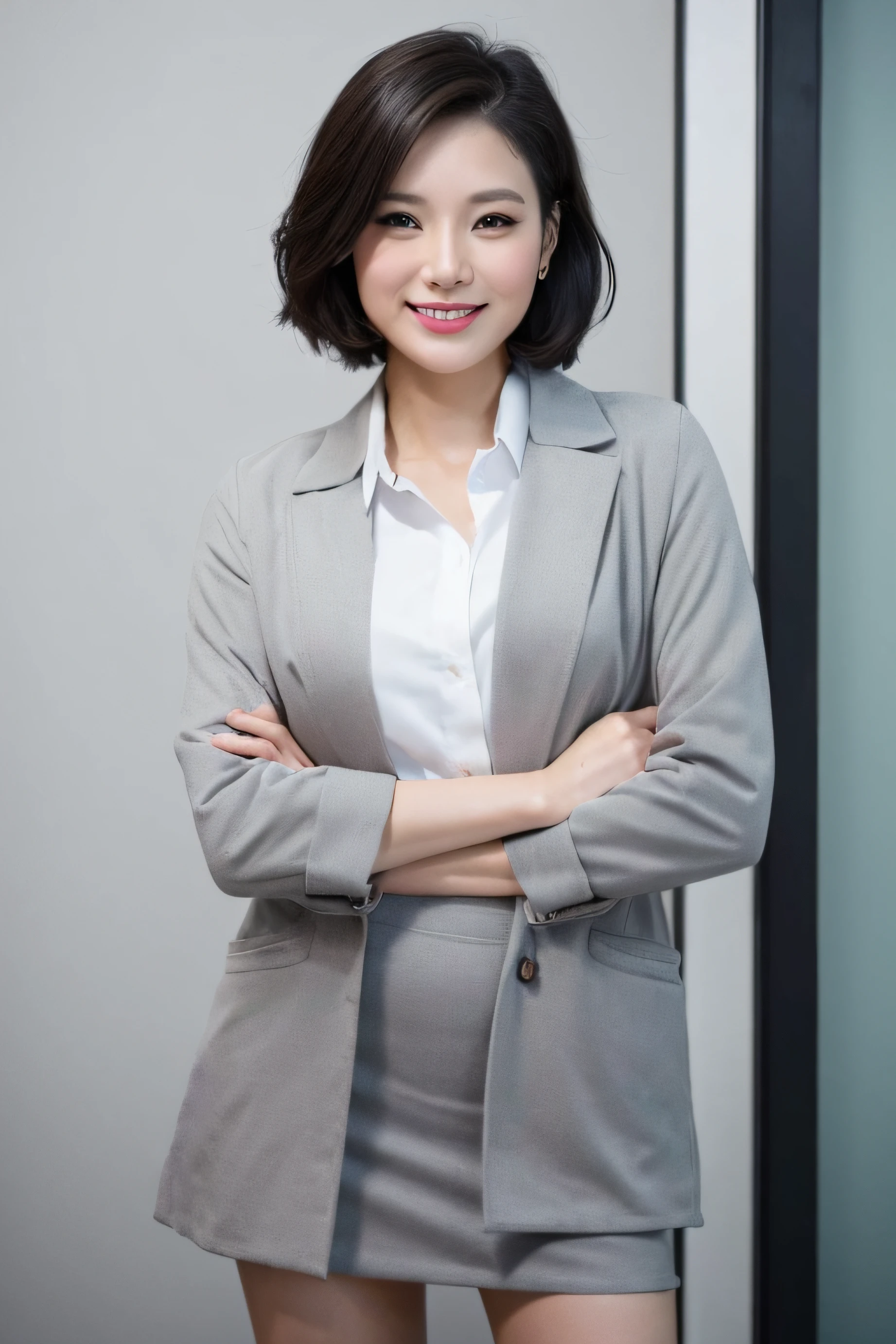 ((( woman in a white shirt , gray coat, standing))) , young business woman, professional image, wearing business casual dress, professional profile photo, posing with crossed arms, female in office dress, professional picture, professional profile picture, well lit professional photo, office clothes, cindy avelino, photo of a woman, business woman, detailed professional photo,Malaysian, lecturer, black hair, slim body,(((grey office coat))), standing,(((front view))), smile , short hair style,slim