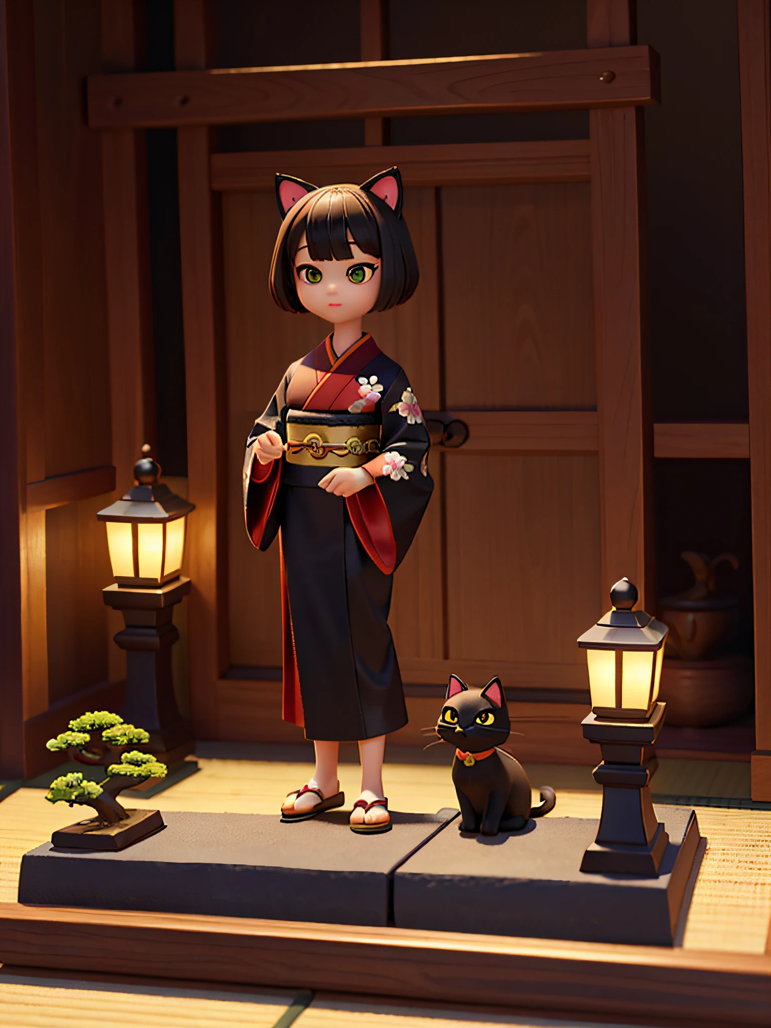 a cat,cute cat,one body,one head,singl face,toy,vignette figure,whole body、1 cat、Very cute cat figure、Ultra Precise Cat Figure、Deformed cat、Sparkling eyes、Cat whole body、Output image quality（add detail、The ultra -The high-definition、Masterpiece、hight resolution、8K、Award-winning works）、(intricate-detail、ultra-detailliert:1.2)、Cinematic Shots、vignettes、central、japanic style、pure Japanese style、japanese aesthetic、Traditional Japan culture、pine trees、Japanese garden、black cat、Chic impression、Muted shades、gentle shades、Attractive composition、Attractive lighting、depth of fields、diorama