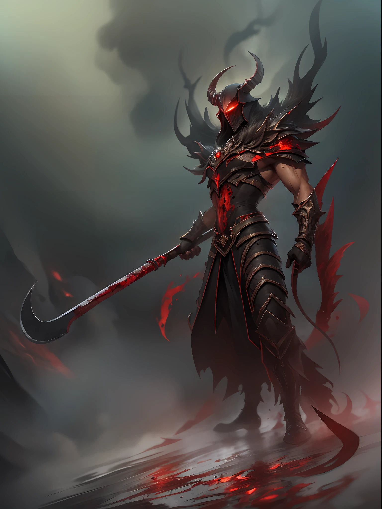 hell，magma，火焰，（（Super huge, A thick and sharp scythe）），（A demon covered in black scales：1.4），（（（The scales are covered with thick barbs））），（（A huge cloak woven with blood）），（（Bloodthirsty and murderous devil man）），slaughter，In a hurry to kill，Dynamic lines，depth of fields，Ugly face，Lightning streaked across the sky，（（（The mountains are at your feet））），Dimly lit sky，dark cloude，dense fog，（There was blood everywhere），（（Blood dripping from the sickle）），stereoscopic perspective：1.4，Works of masters，super-fine，4K分辨率，high qulity，电影灯光，High picture detail，Look up from the bottom up，Ultra-wide viewing angle，Detailed pubic hair，Epic shooting