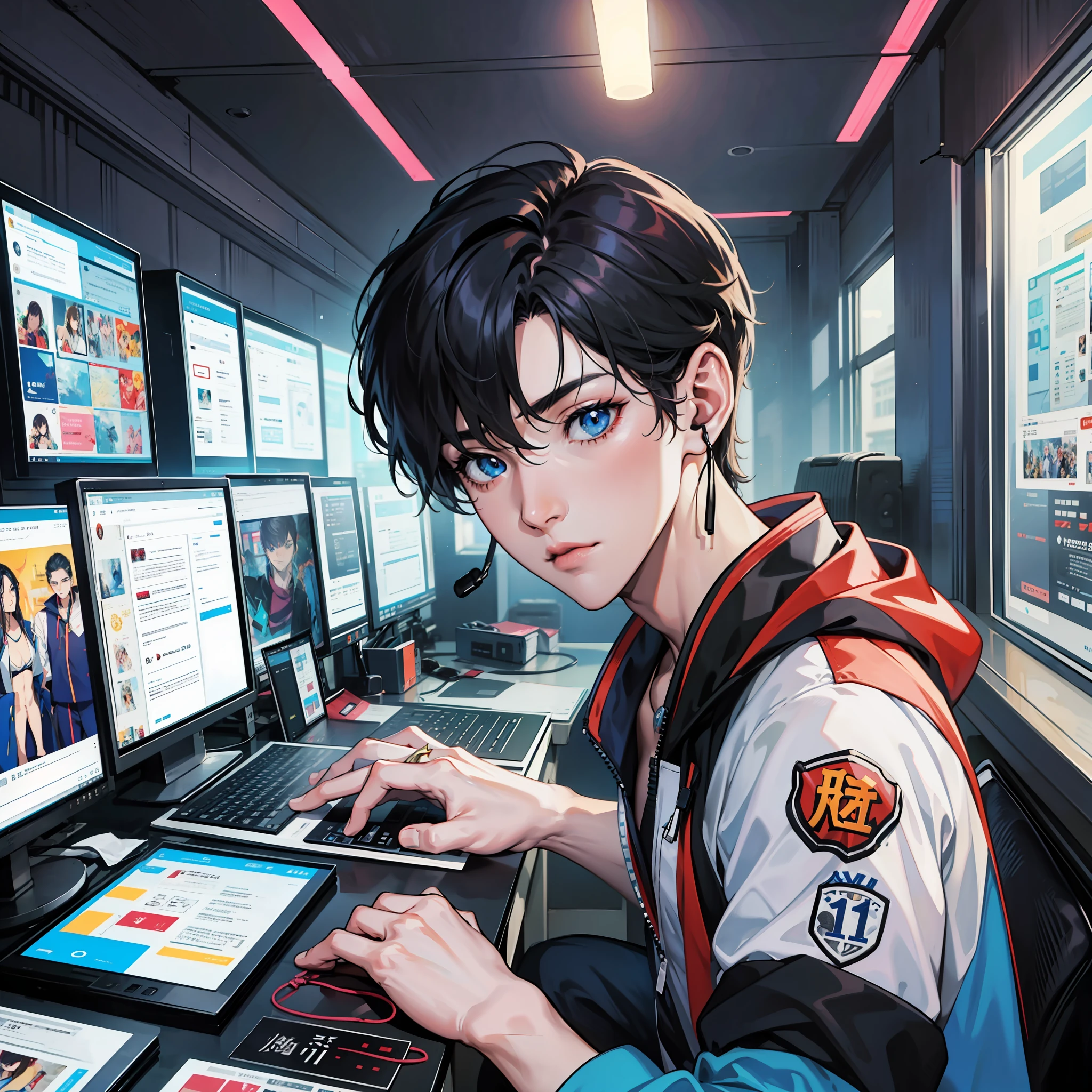 Anime boy calls to talk, ig studios anime style, nightcore, style of anime4 K, High quality anime art style, Anime boy, young anime man, Anime art style, Digital anime illustration, Anime style. 8K, in an anime style, male anime character, Kawasi，best qualtiy：1.0），（超高分辨率：1.0），Anime boys，with short black hair，blue color eyes，sitting in front of the computer，Speak into the microphone，The background is in the esports room，Earphone，The head is close to the microphone,8K，Faraway view