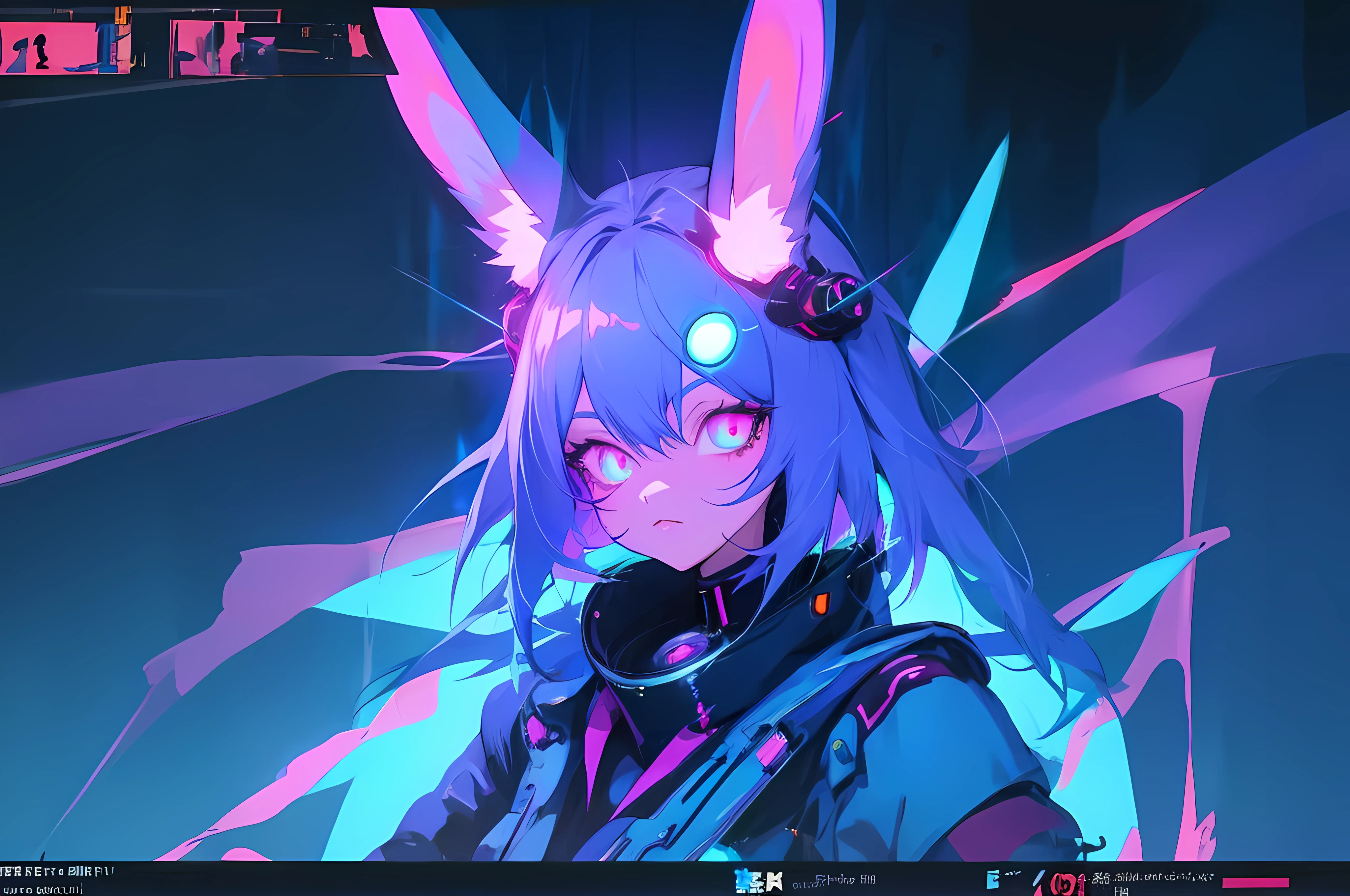 (vintage vhs), (crt screenshot), (Zen, Amy Sol style), (((blue anthro kemono furry rabbit))), underground cavern shining flashlight in old ruins, scene from a show about a blue anthro furry kemono rabbit who investigates deep space crime, (vast decrepit scenery:1.2) blame! style, nightmarish illustration, glowing eyes everywhere, intense eye contact, hybrid human / anthro, electrixbunny, rabbit anthro portrait, ((portrait)), bunnypunk, weirdcore voidpunk fursona, wearing bunny ears, cover art with light abstraction, abstract, simple vector art, contemporary Cybernetic art, color gradients, soft color palettes, layered forms, whimsical animation, style Ethereal abstract, 4K, , anime character with futuristic hair and glowing eyes in a dark room, digital cyberpunk anime art, anime style 4 k, digital cyberpunk - anime art, anime mecha aesthetic, digital cyberpunk anime!!, anime cyberpunk art, fully robotic!! catgirl, hyper concept art, cyberpunk anime girl mech, portrait anime space cadet girl, wearing cybernetic bunny ears , anime character with futuristic hair and glowing eyes in a dark room, digital cyberpunk anime art, anime style 4 k, digital cyberpunk - anime art, anime mecha aesthetic, digital cyberpunk anime!!, anime cyberpunk art, fully robotic!! catgirl, hyper concept art, cyberpunk anime girl mech, portrait anime space cadet girl, wearing cybernetic bunny ears --v6