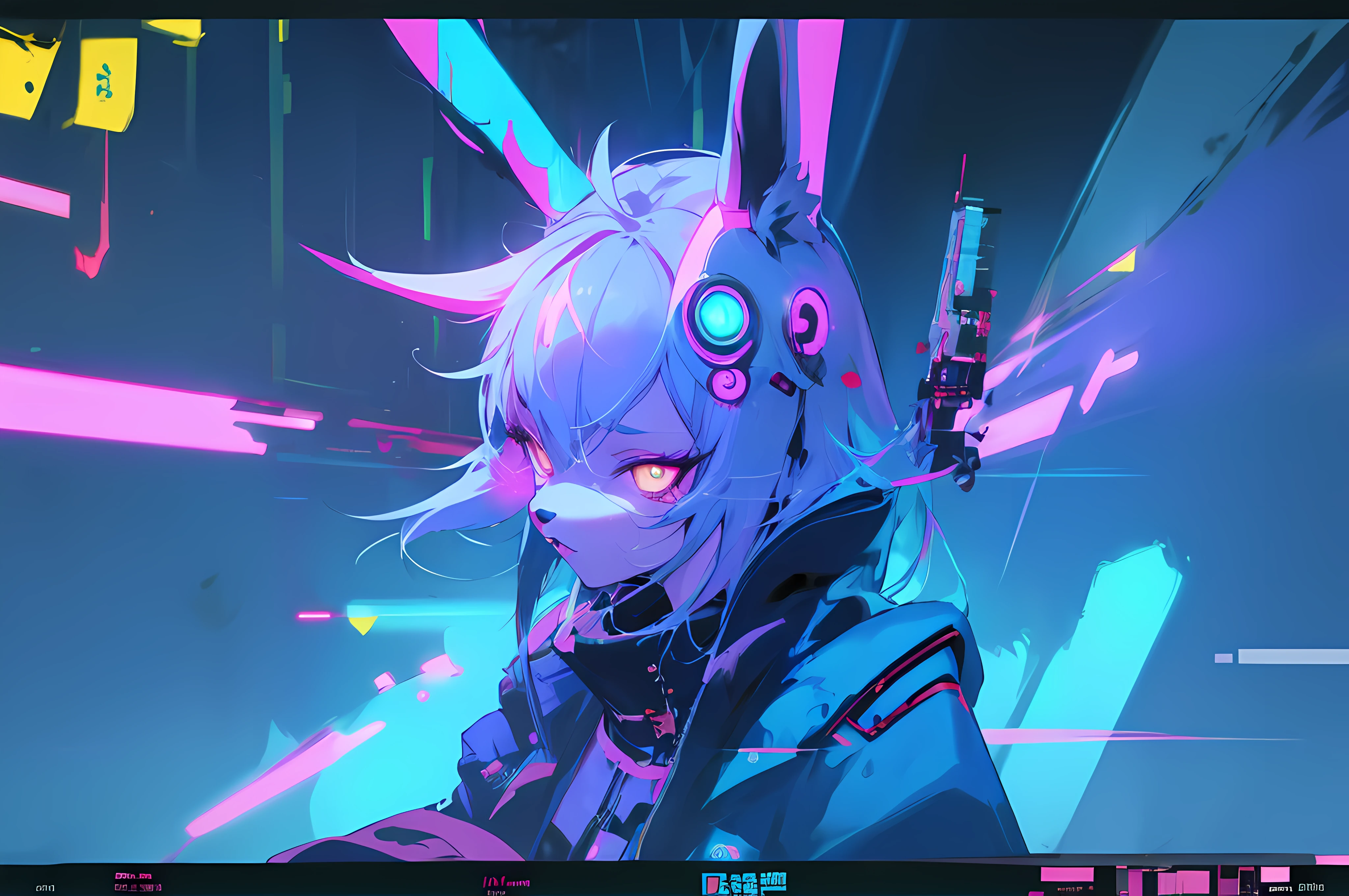 (vintage vhs), (crt screenshot), (Zen, Amy Sol style), (((blue anthro kemono furry rabbit))), underground cavern shining flashlight in old ruins, scene from a show about a blue anthro furry kemono rabbit who investigates deep space crime, (vast decrepit scenery:1.2) blame! style, nightmarish illustration, glowing eyes everywhere, intense eye contact, hybrid human / anthro, electrixbunny, rabbit anthro portrait, ((portrait)), bunnypunk, weirdcore voidpunk fursona, wearing bunny ears, cover art with light abstraction, abstract, simple vector art, contemporary Cybernetic art, color gradients, soft color palettes, layered forms, whimsical animation, style Ethereal abstract, 4K, , anime character with futuristic hair and glowing eyes in a dark room, digital cyberpunk anime art, anime style 4 k, digital cyberpunk - anime art, anime mecha aesthetic, digital cyberpunk anime!!, anime cyberpunk art, fully robotic!! catgirl, hyper concept art, cyberpunk anime girl mech, portrait anime space cadet girl, wearing cybernetic bunny ears , anime character with futuristic hair and glowing eyes in a dark room, digital cyberpunk anime art, anime style 4 k, digital cyberpunk - anime art, anime mecha aesthetic, digital cyberpunk anime!!, anime cyberpunk art, fully robotic!! catgirl, hyper concept art, cyberpunk anime girl mech, portrait anime space cadet girl, wearing cybernetic bunny ears --v6