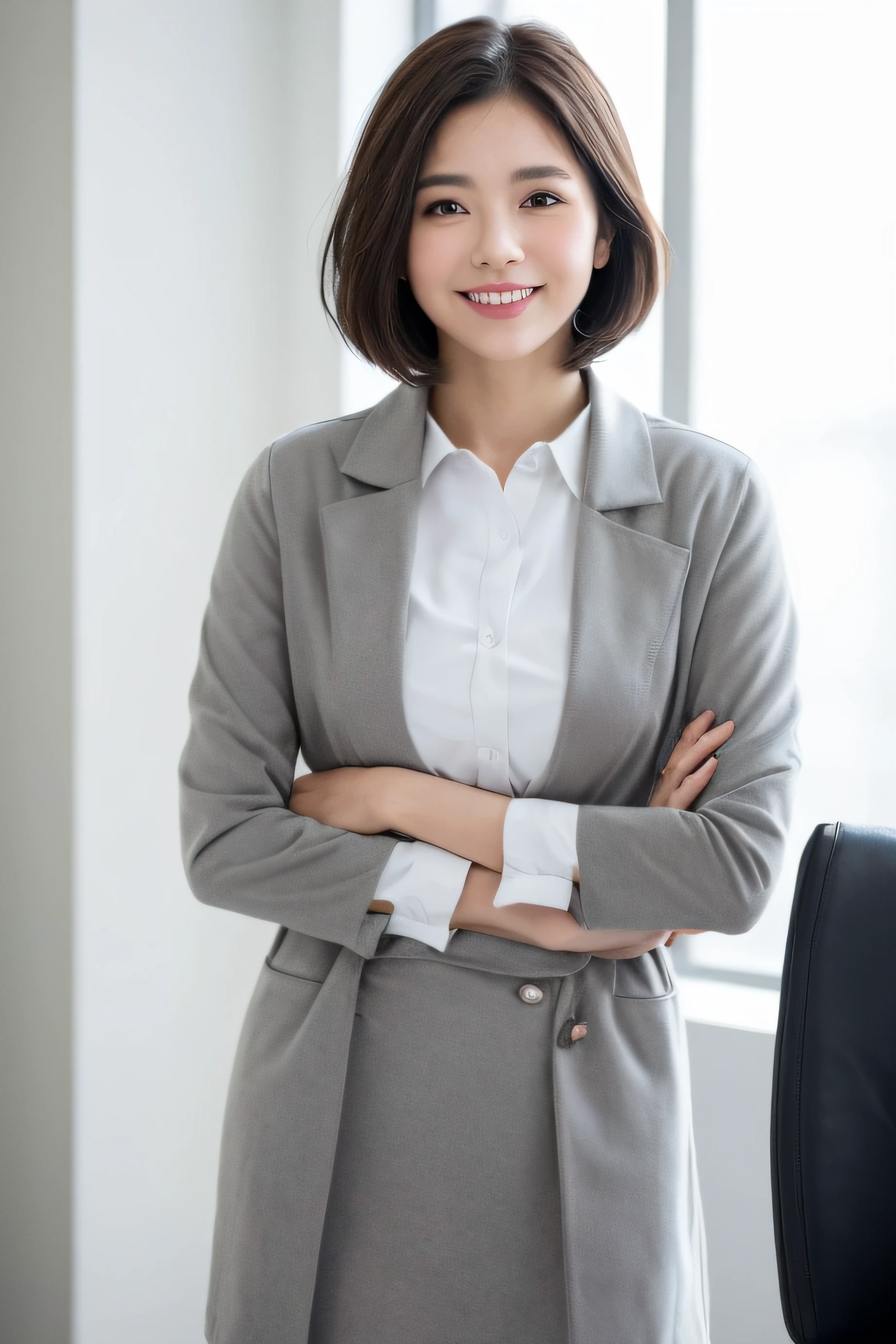 ((( woman in a white shirt , gray coat, standing))) , young business woman, professional image, wearing business casual dress, professional profile photo, posing with crossed arms, female in office dress, professional picture, professional profile picture, well lit professional photo, office clothes, cindy avelino, photo of a woman, business woman, detailed professional photo,Malaysian, lecturer, black hair, slim body,(((grey office coat))), standing，(((front view))), smile , short hair style,slim