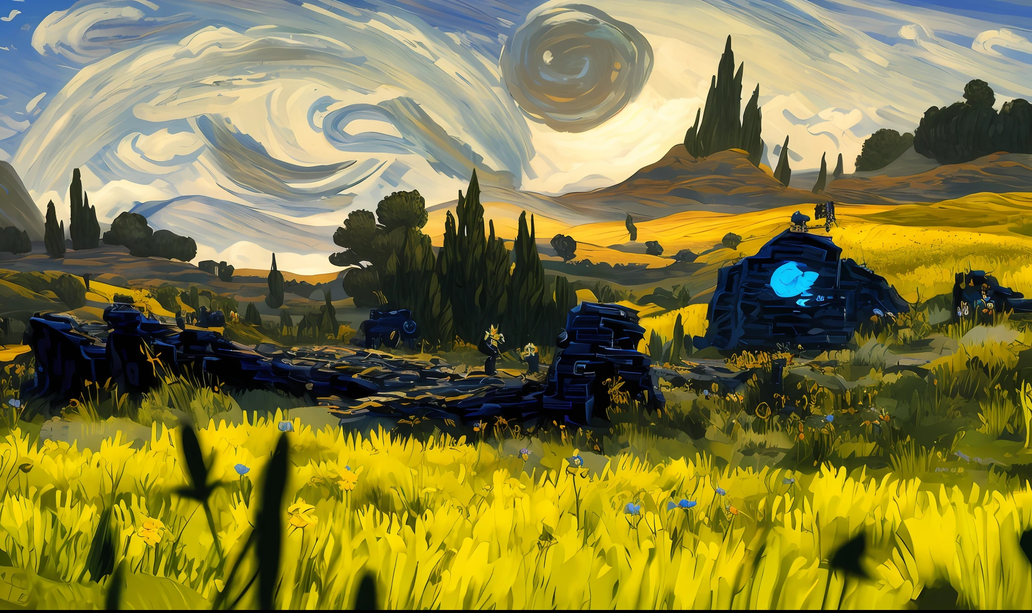 Draw a group of people in a field on sky background, in the style of van gogh, Van Gogh style, van gogh art style, Vincent Van Gogh style, Inspired by Van Gogh, 4k highly detailed digital art, inspired by Vincent Lefevre, Inspirado por Vincent van Gogh, 4K detailed digital art, in the style of van gogh, inspired by Vincent Di Fate