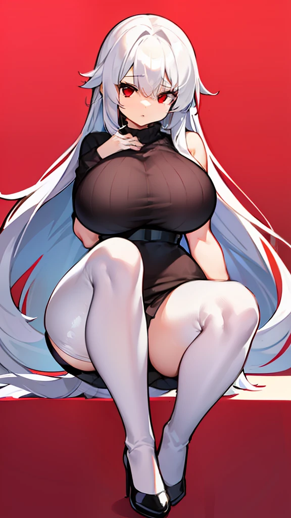 mejor calidad, 1 woman, (((white long hair))), sweater turtle neck black, ((red eyes)), big breast, bangs between the eyes,bangs between the eyes, 1girl. leg lift, full body