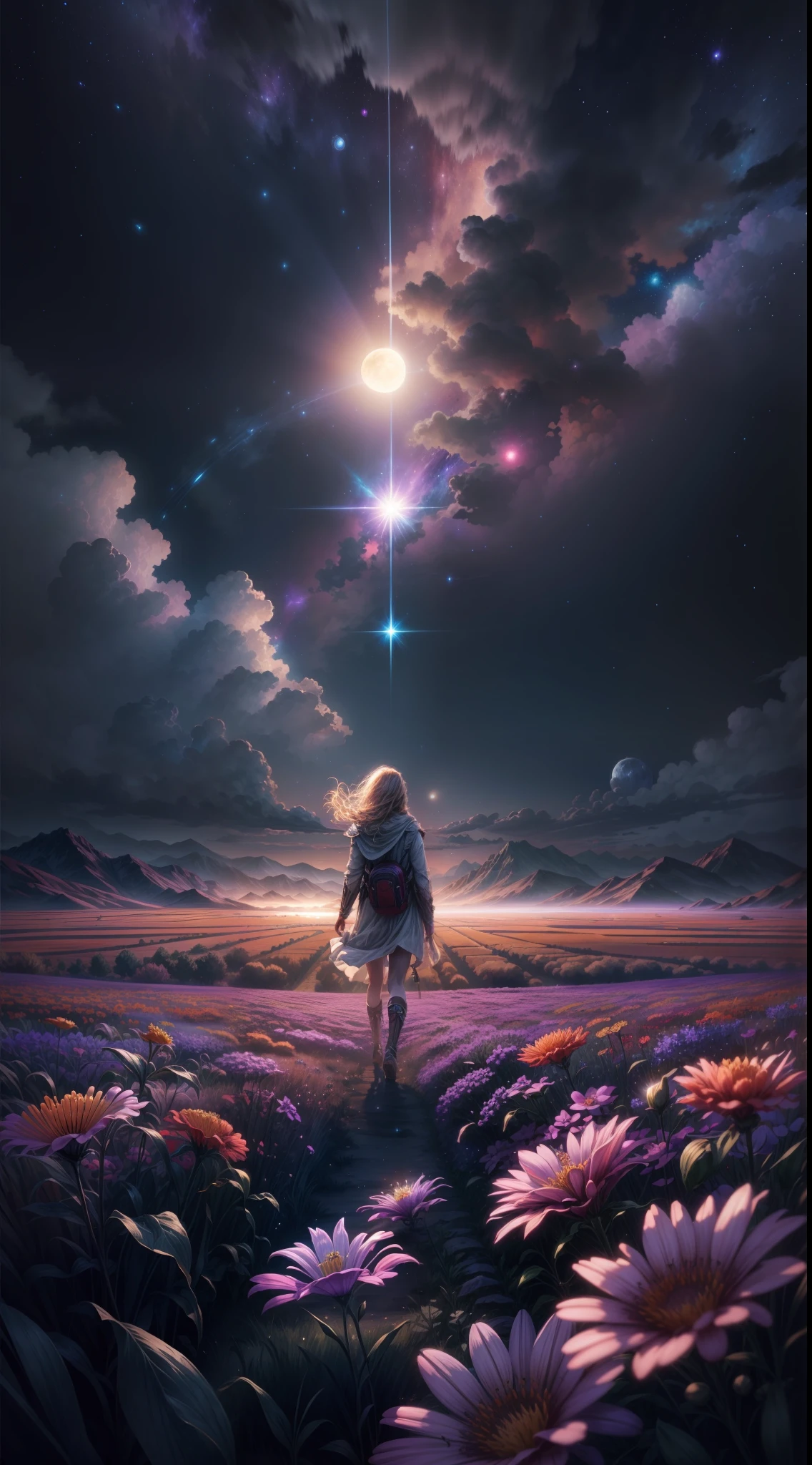 expansive landscape photograph , (a view from below that shows sky above and open field below), a girl standing on flower field looking up, (full moon:1.2), ( shooting stars:0.9), (nebula:1.3), distant mountain, tree BREAK
production art, (warm light source:1.2), (Firefly:1.2), lamp, lot of purple and orange, intricate details, volumetric lighting BREAK
(masterpiece:1.2), (best quality), 4k, ultra-detailed, (dynamic composition:1.4), highly detailed, colorful details,( iridescent colors:1.2), (glowing lighting, atmospheric lighting), dreamy, magical, (solo:1.2)