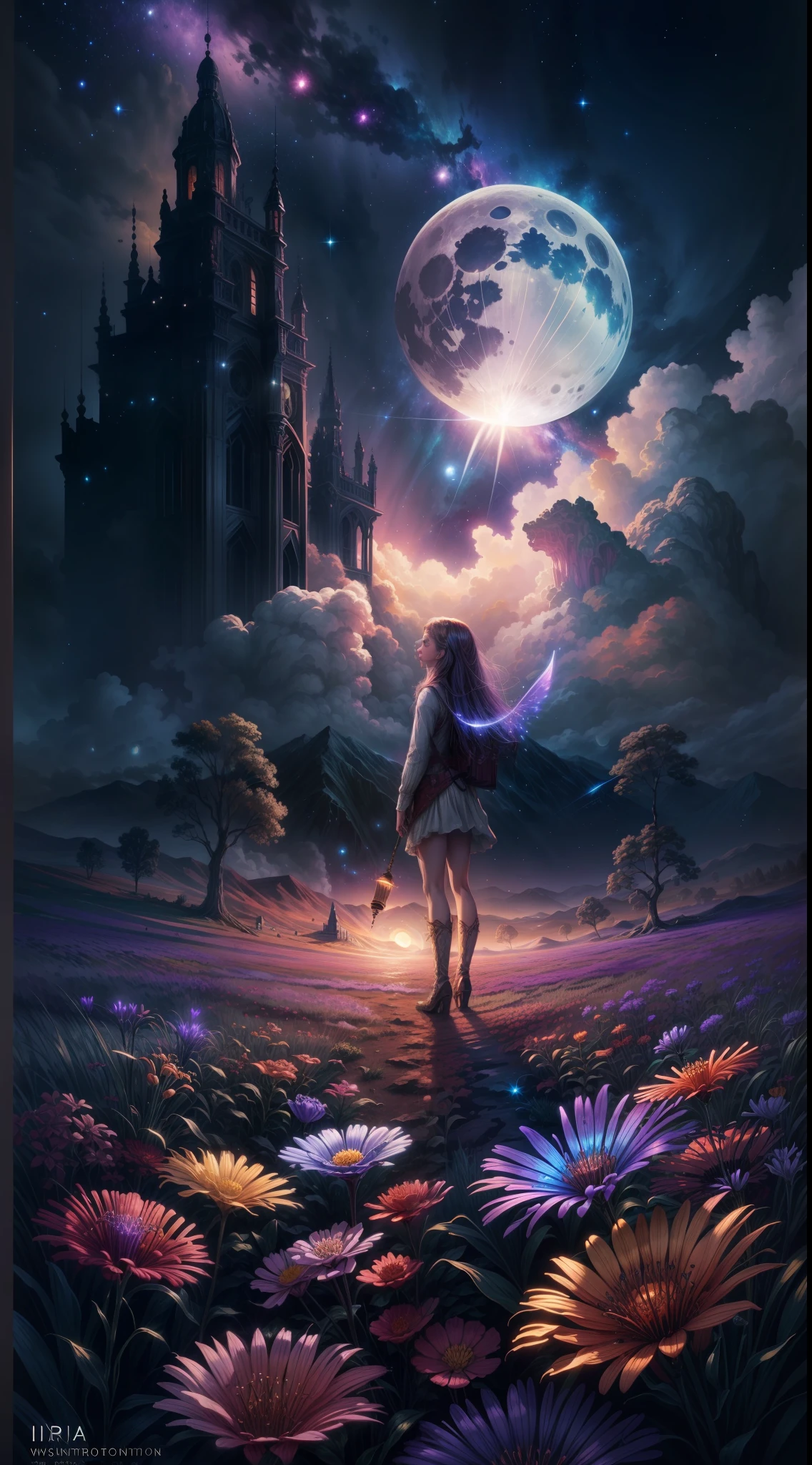 expansive landscape photograph , (a view from below that shows sky above and open field below), a girl standing on flower field looking up, (full moon:1.2), ( shooting stars:0.9), (nebula:1.3), distant mountain, tree BREAK
production art, (warm light source:1.2), (Firefly:1.2), lamp, lot of purple and orange, intricate details, volumetric lighting BREAK
(masterpiece:1.2), (best quality), 4k, ultra-detailed, (dynamic composition:1.4), highly detailed, colorful details,( iridescent colors:1.2), (glowing lighting, atmospheric lighting), dreamy, magical, (solo:1.2)