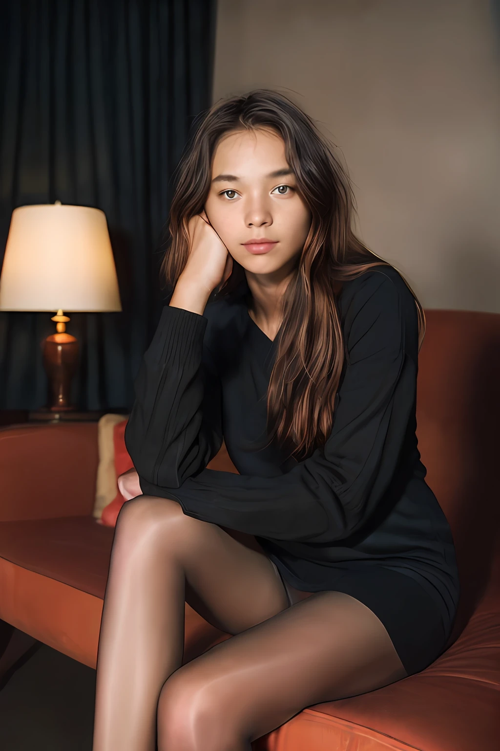 (Full body view, feet in view, no shoes, editorial photograph of a 16 year old woman), (highly detailed face:1.4) (smile:0.7) (background inside dark, moody, private study:1.3) pantyhose, sweater dress, fall day, relaxing poolside, no shoes, by lee jeffries, nikon d850, film stock photograph ,4 kodak portra 400 ,camera f1.6 lens ,rich colors ,hyper realistic ,lifelike texture, dramatic lighting , cinestill 800,
