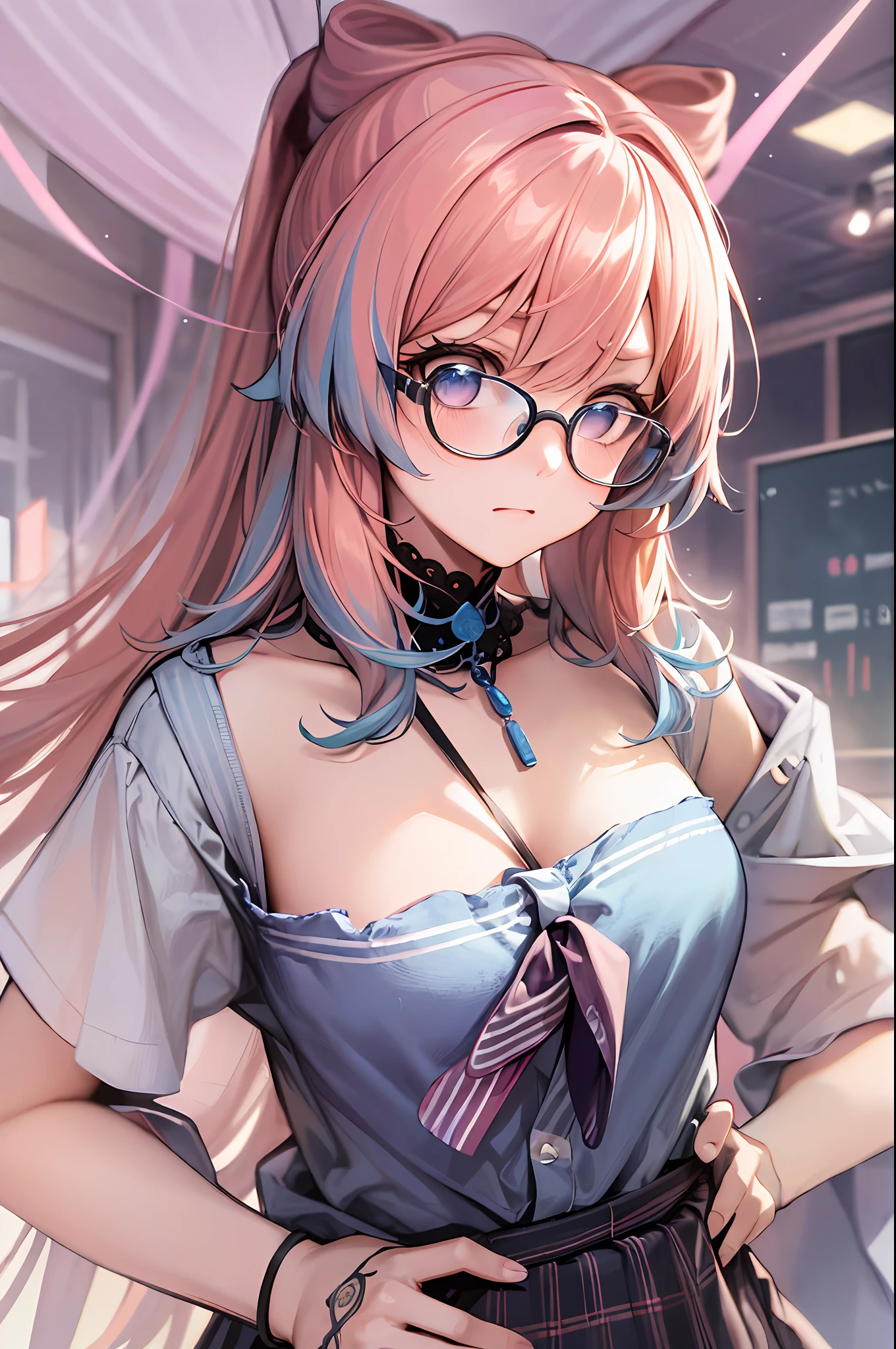 masterpiece, best quality, ultra detailed, hyper realistic, photo),delicate pattern, detailed background, uncensored completely, cowboy shot,  japanese girl, class room,
school uniform, loose collar, skirt, looking over eyewear,
hair between eyes, pink hair
put up index finger and one hand on hip,  angry with puffed cheeks,
from above, leaning forward,