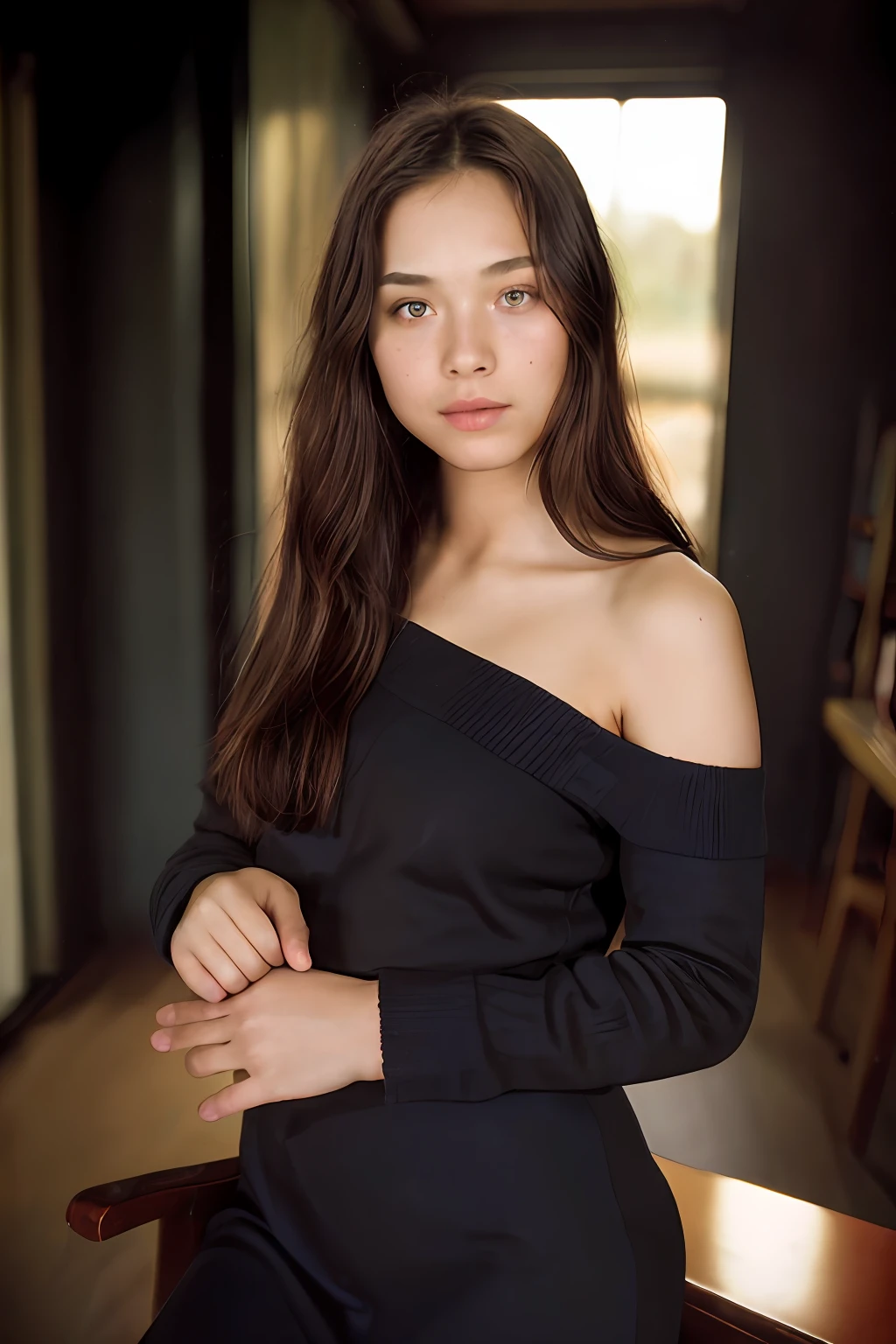 (Full body view, feet in view, no shoes, editorial photograph of a 16 year old woman), (highly detailed face:1.4) (smile:0.7) (background inside dark, moody, private study:1.3) pantyhose, sweater dress, fall day, relaxing poolside, no shoes, by lee jeffries, nikon d850, film stock photograph ,4 kodak portra 400 ,camera f1.6 lens ,rich colors ,hyper realistic ,lifelike texture, dramatic lighting , cinestill 800,