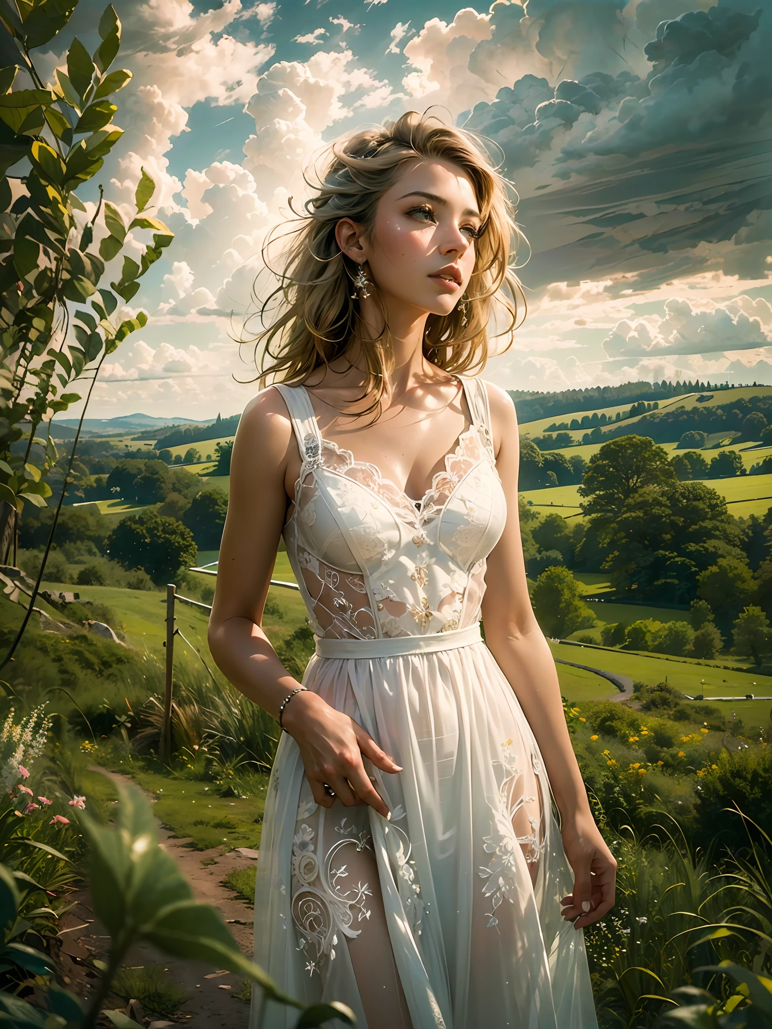 (masterpiece), (best quality), ((ultra-detailed)), (hyperrealistic), (highly detailed photo), cinematic lighting, photorealistic, extremely beautiful young lady in European countryside, intricate detailed white dress, shining, gloss, crisp, flirty, epic, focus, high contrast, artistic, scenic
