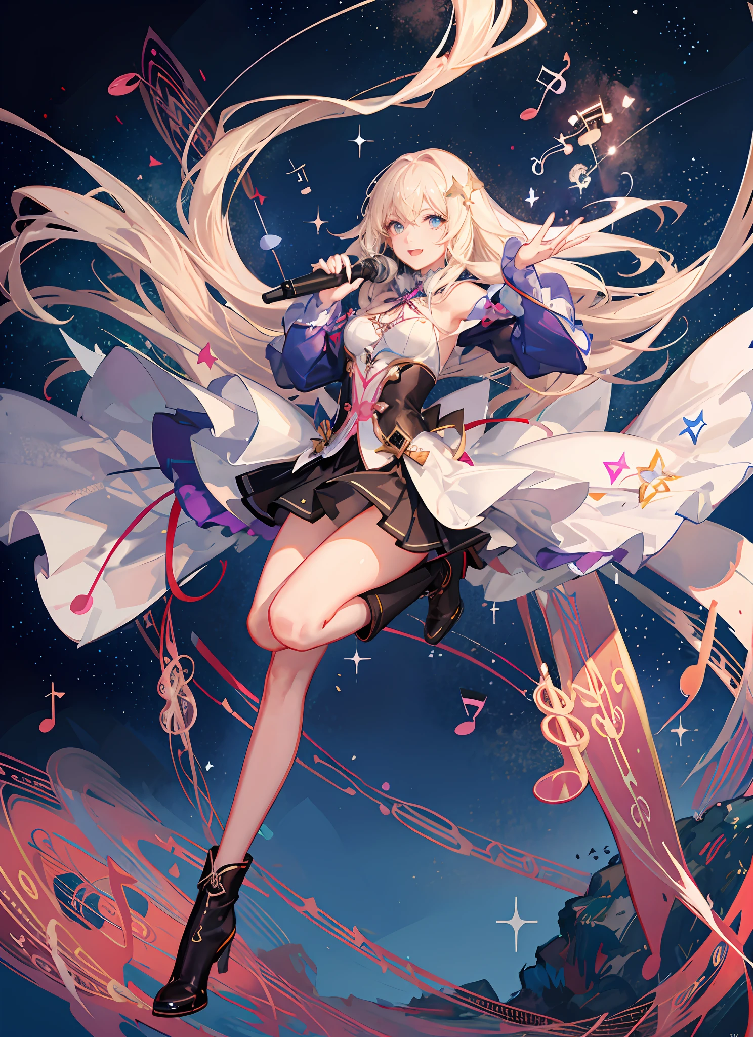 ((magical girl)), (holding mic:1.7), (singing a song), ((ultra-detailed)), ((best illustration)), ((cinematic lighting)), dynamic angle, finely detailed, (painting:1.1), (sketch:1.1), (best quality), (masterpiece:1.2), (anime style), beautiful detailed face, (cute smile face:1.3), (big eyes:1.3), colorful hair, (long hair:1.2), (floating hair:1.2),