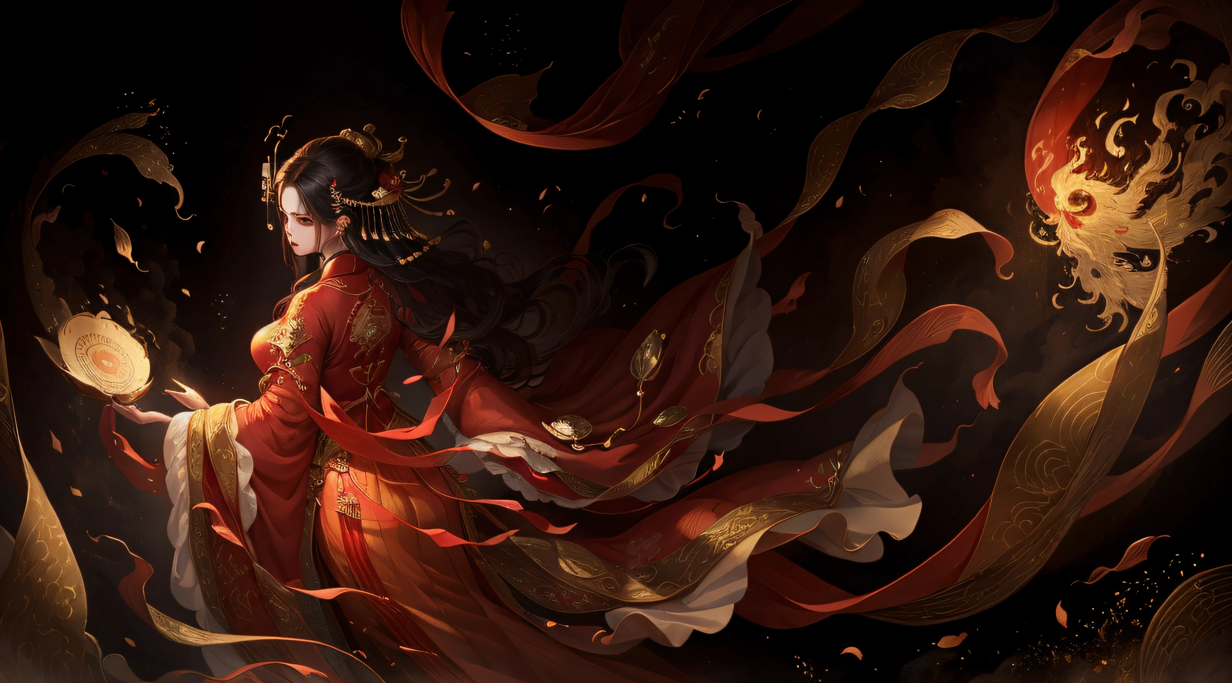 (long red chinese gufeng Hanfu with golden patterns,long red silk dress),pleats,loose clothes,large sleeve,floating ribbons,