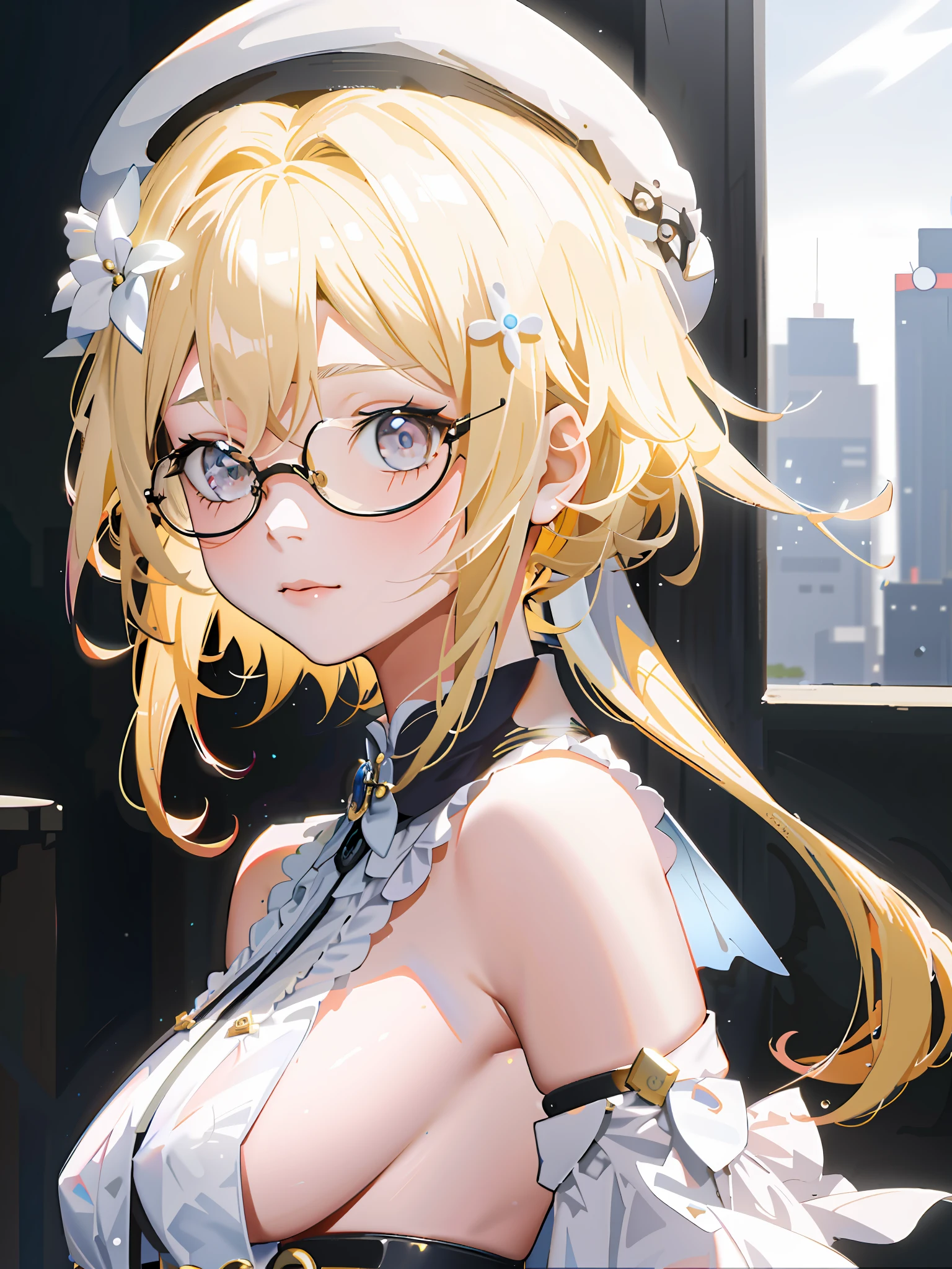 Anime girl posing for photo with glasses and hat, Rendu portrait 8k, photorealistic anime girl rendering, Detailed digital anime art, Guweiz in Pixiv ArtStation, Guviz, Guviz-style artwork, Guweiz on ArtStation Pixiv, Smooth anime CG art, Anime style. 8K, style of anime4 K