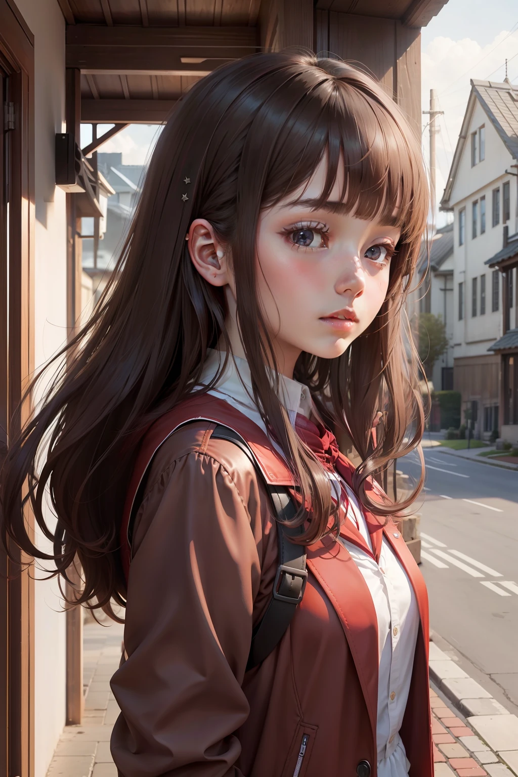schoolgirls、ancient wind、Bleak、amaryllis、Redcoat、brunette color hair、low head、eye closeds、masterpiece、Need