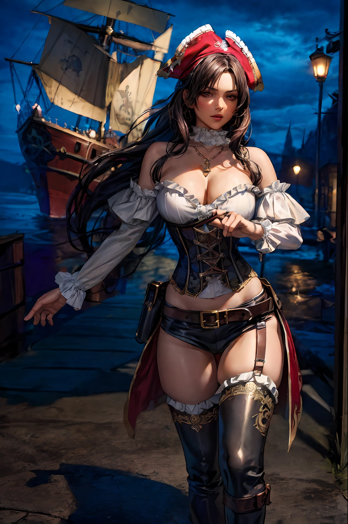 a female pirate with a sexy body figure, (Pirate:1.25), hunting, medieval theme, ((MILF)), fierce look, dynamic poses, dynamic angle shot, from below, from above, flowing hair,
(((masterpiece))), ((best quality)), ((intricate detailed)), ((Hyperrealistic)), a sexy woman with pirates attributes cloths, (huge breast), pirate bandana, jewelry, necklace, eye patch, pirate white medieval shirt with ruffle collar and ruffle sleeve, pirate waist sash, corset , leather pants , belt, dark skin, long dress, gun holster, , perspective, highly detailed, illustration, 1 girl, perfect hands, detailed fingers, beautiful detailed eyes, black hair, long hair (fantasy:1.2), abstract background, at pirate ship , nightview ,fierce look, looking at the viewer, from the front,