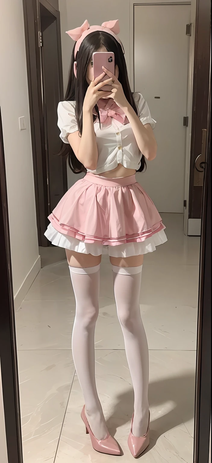 A woman takes a picture of herself in the mirror, Anime girl in real life, frilly outfit, pink tight mini-skirt, full body cute young lady, thighhighs and skirt, pink mini-skirt, Anime girl cosplay, Full body picture, Pink skirt, intriguing outfit, multilayered outfit, pretty face with arms and legs, Pictures of seven corpses,