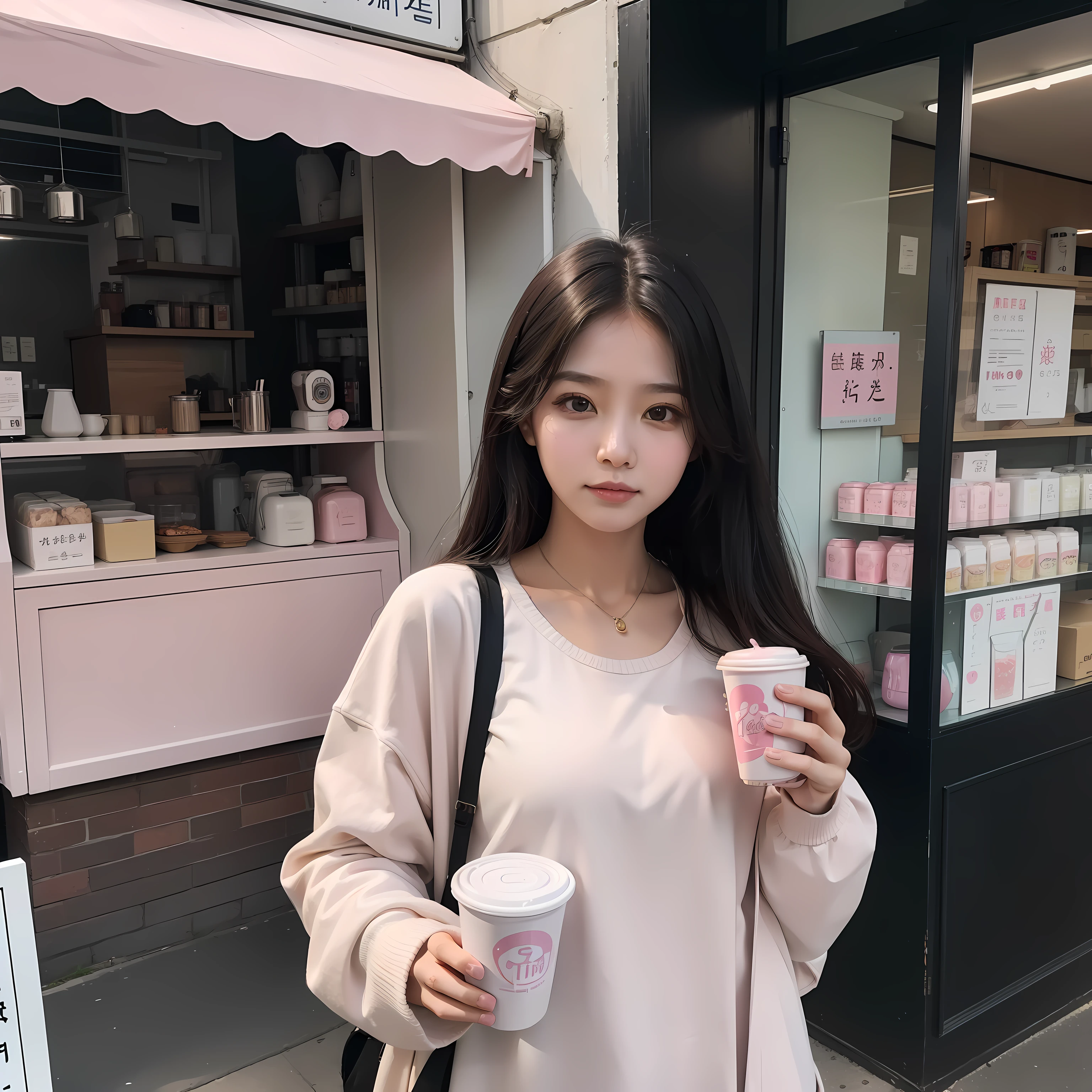 A 28-year-old female student carries a thermos cup，Stand in front of the pink milk tea shop，Real Human，photorealestic