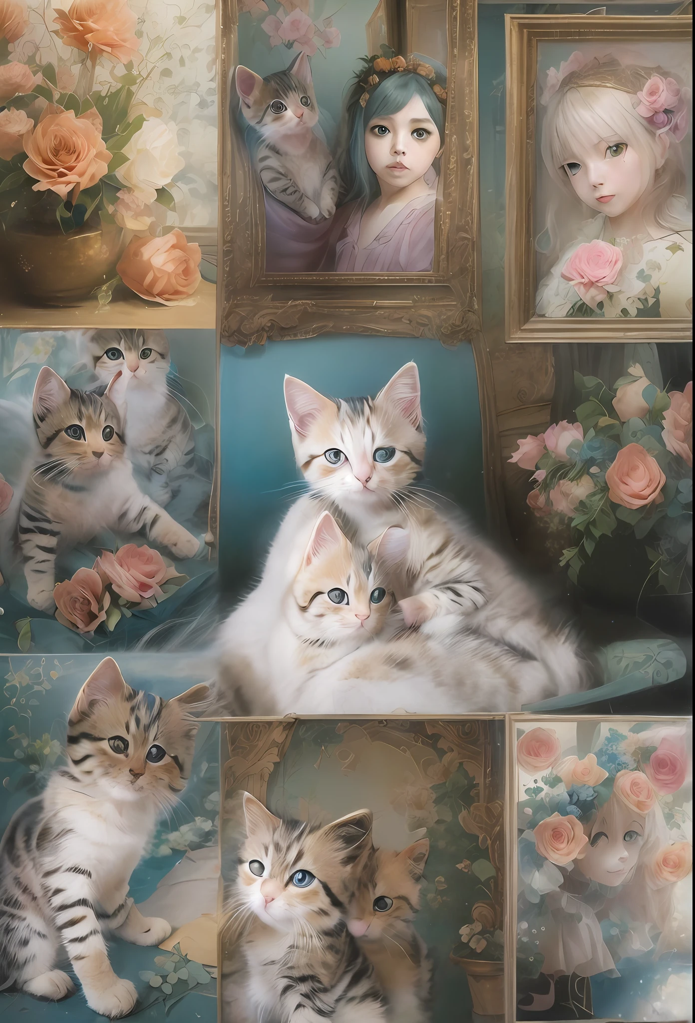 (A kitten、😇、A smile、😌🥰Archaic Smile).hyper realstic、Ultra-realistic、Depiction of the human body without distortion、Monna Lisa、Woman in Arms、Near and far law、Three-dimensional、Contemporary painting、moderno、world masterpiece、collection、Homage to the art or artist work of Picasso and Renoir, Not sentimental、Excellent portrayal、Gentle expression、More detailed character faces, Serious competition、Compositions like paintings、(Konmutsuki_Gacha_Series 1, punk_rosette), Realistic、Delicate brushwork、aqua color flowers, (Full body, elegant flowers background)