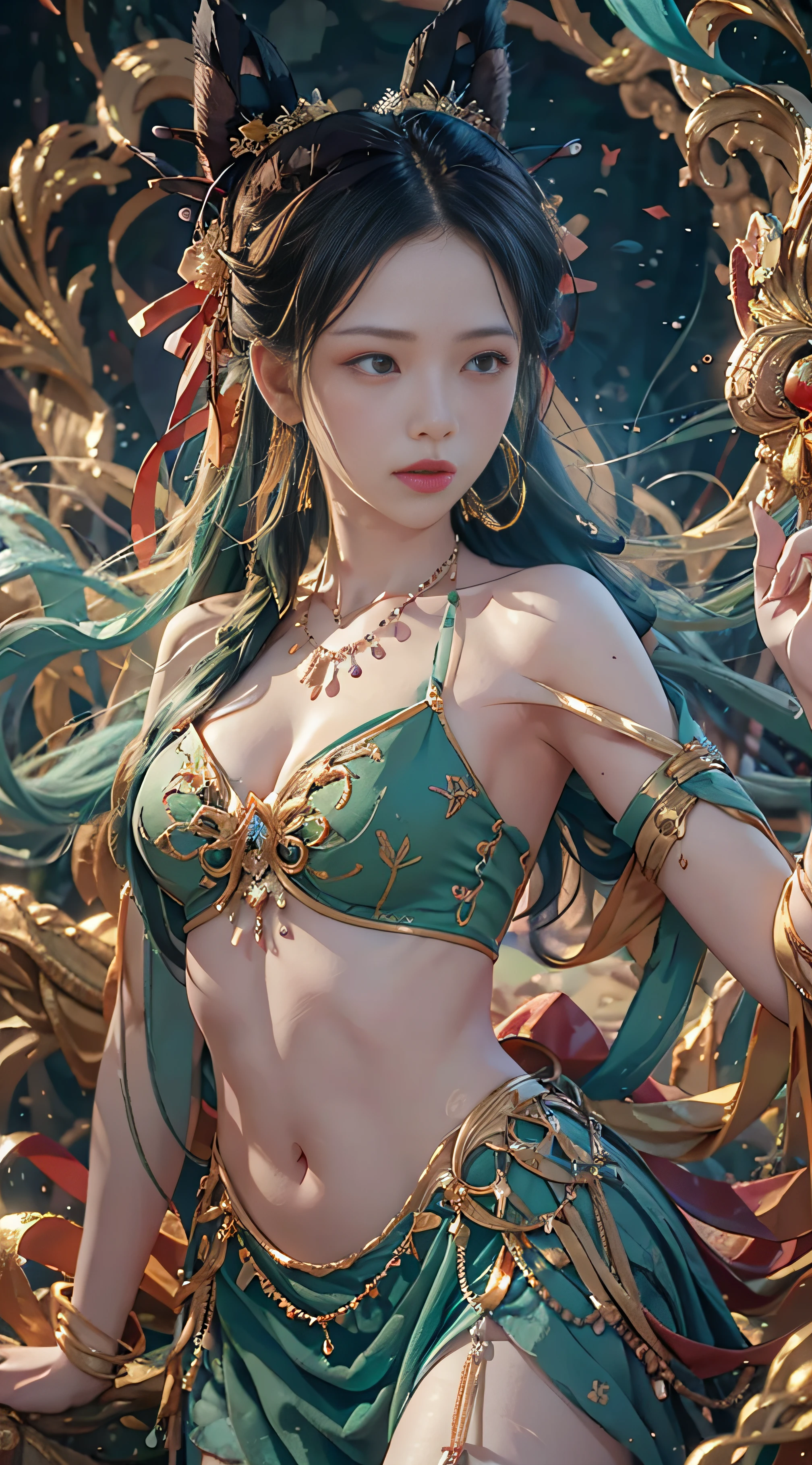 Long shot, a girl, wearing a green long dress, Dunhuang style, underwater, flying action, red ribbon wrapped around the body, surrealism, surrealism, supremacy, classicism, ultra hd, retina, masterpiece, ccurate, textured skin, anatomically correct, super detail, high detail, high quality, 1080P, high resolution, best quality, award-winning, 16k, 8k, 4k, hd