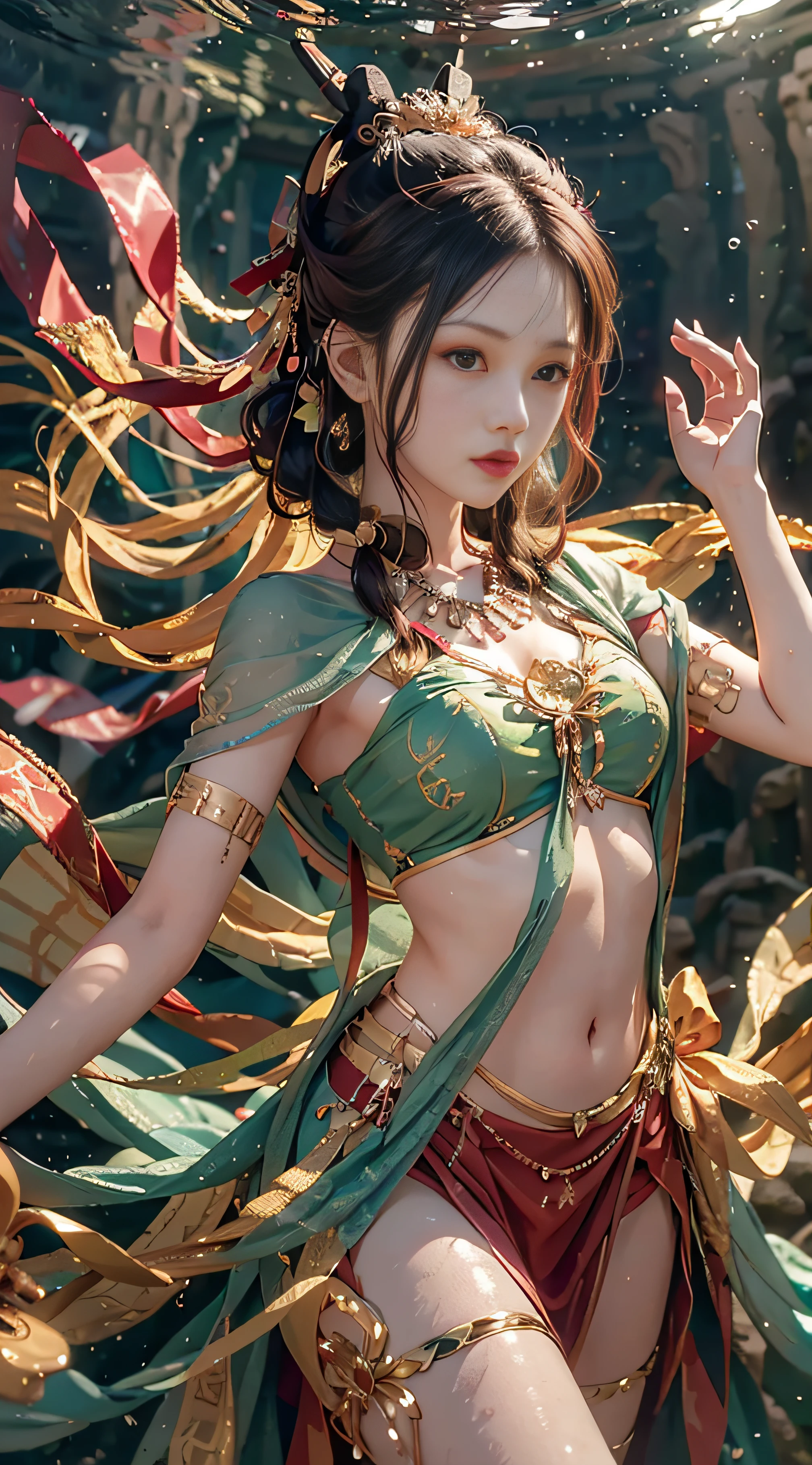 Long shot, a girl, wearing a green long dress, Dunhuang style, underwater, flying action, red ribbon wrapped around the body, surrealism, surrealism, supremacy, classicism, ultra hd, retina, masterpiece, ccurate, textured skin, anatomically correct, super detail, high detail, high quality, 1080P, high resolution, best quality, award-winning, 16k, 8k, 4k, hd