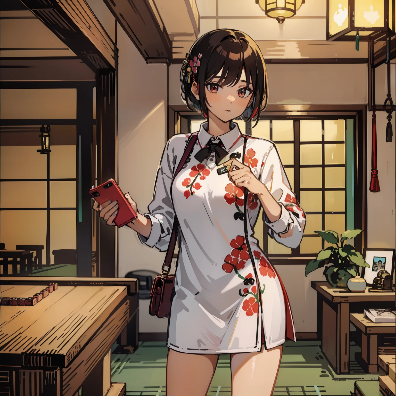 A woman who is,In the mahjong hall,Holding a cell phone in one hand,Mahjong in one hand