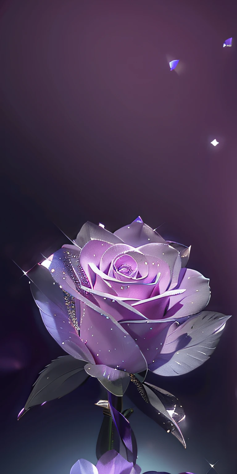 Purple rose with sparkling crystal on dark background, Magical flowers, melanchonic rose soft light, rendering a blue rose, background artwork, glowing delicate flower, 8K high quality detailed art, with bloom ethereal effects, glitter gif, phone wallpaper hd, sparkling petals, beautiful flowers and crystals, ✏️🎨, hd phone wallpaper, satisfying render, soft purple glow, Luminous flowers