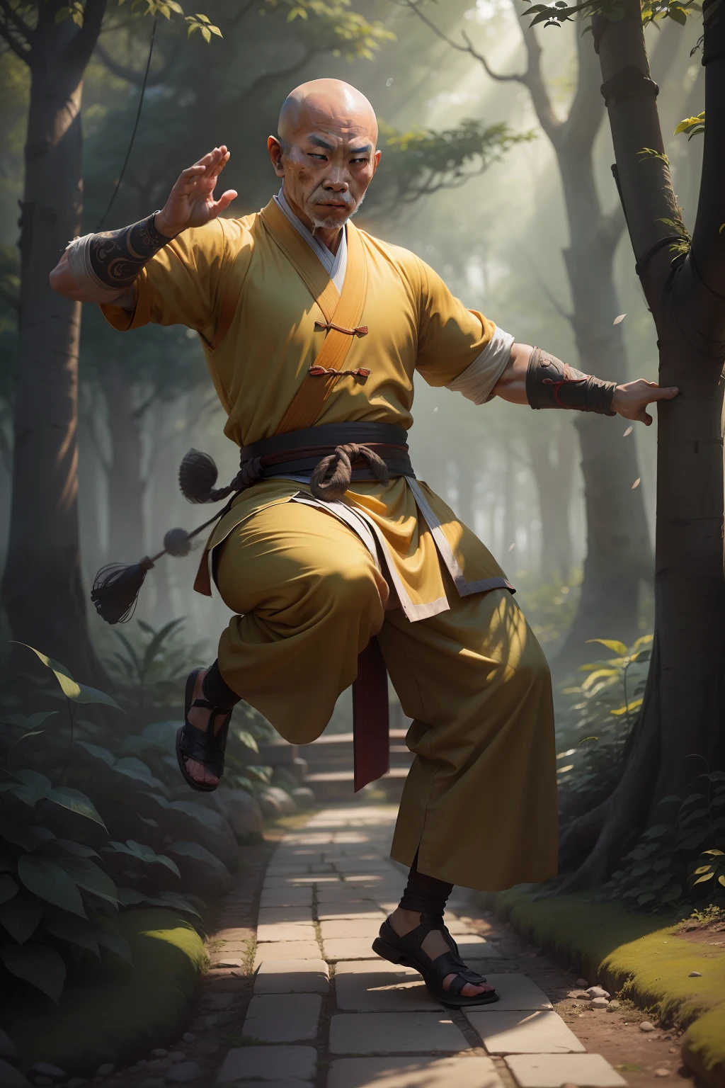 ancient elder shaolin monk in worn-out clothes practicing kung fu forms in hidden forest garden dynamic windy weather proportional eyes, (realistic:1.5),photorealistic, hyper realistic, (extremely detailed eyes), hyper detailed, soft lighting, (detailed background), extreme detail background, sharp details, ((full body)),