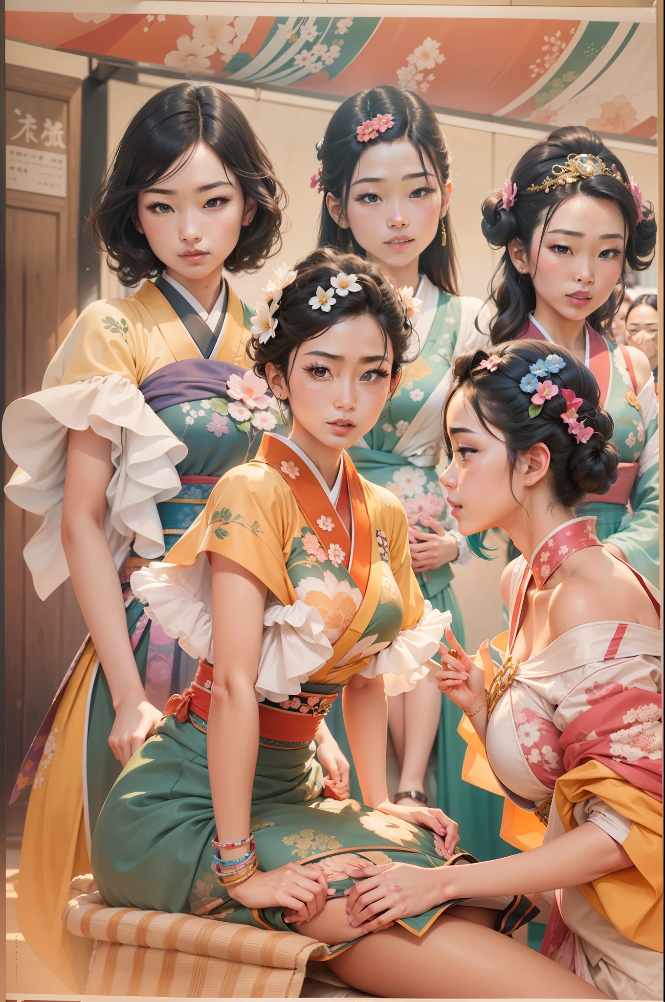 An enchanting image capturing recruits in the midst of a Japanese beauty competition, their perfect bodies poised confidently and confidently on mats. The casting director, dressed in a colorful and flowing outfit, carefully points to the girls, emphasizing their flawless appearance. In the background, an array of other Japanese beauty contestants, wearing their signature outfit, appear to admire the action. standard lens, low aperture, natural light