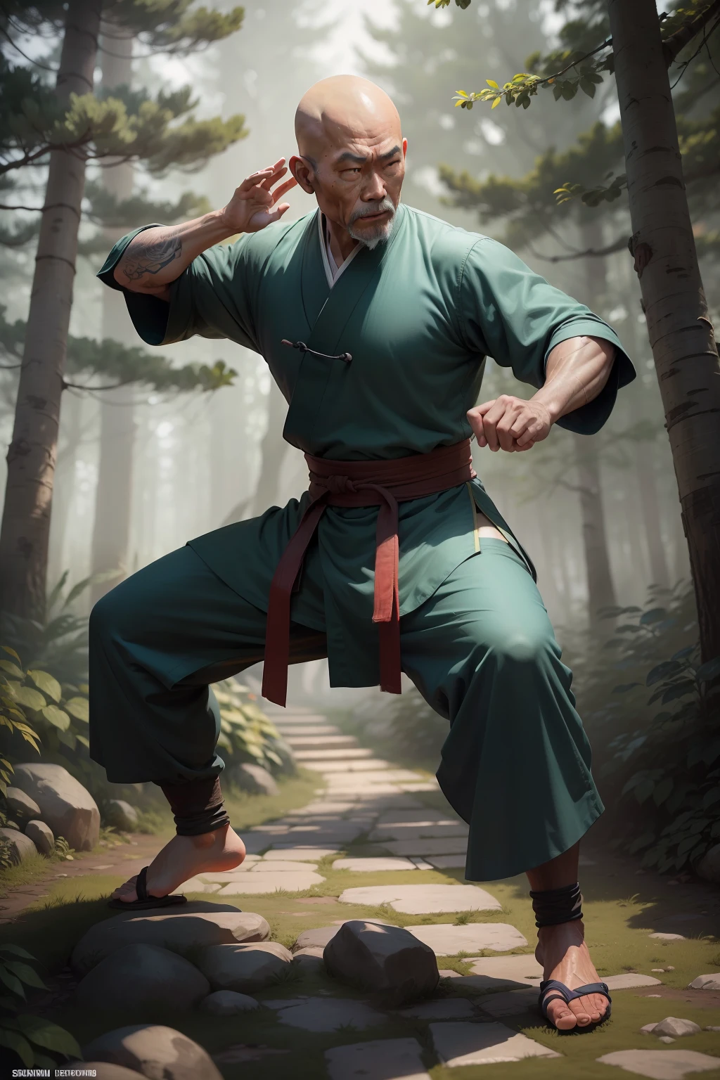 ancient elder shaolin monk in worn-out clothes practicing kung fu forms in hidden forest garden dynamic windy weather proportional eyes, (realistic:1.5),photorealistic, hyper realistic, (extremely detailed eyes), hyper detailed, soft lighting, (detailed background), extreme detail background, sharp details, ((full body)),